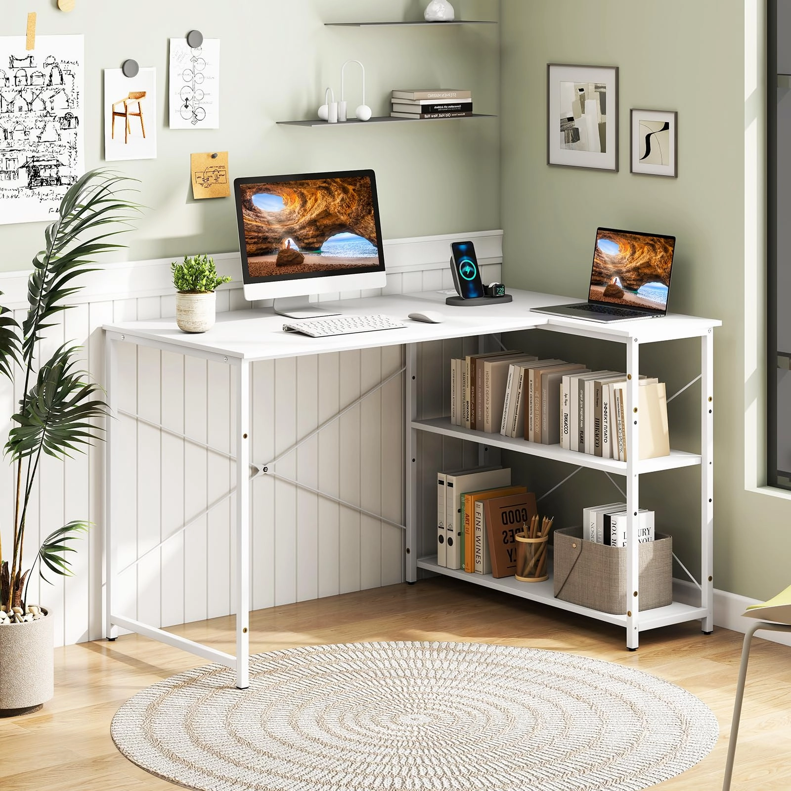 Giantex 47 Inch Reversible Computer Desk with Adjustable Storage Shelves and Metal Frame