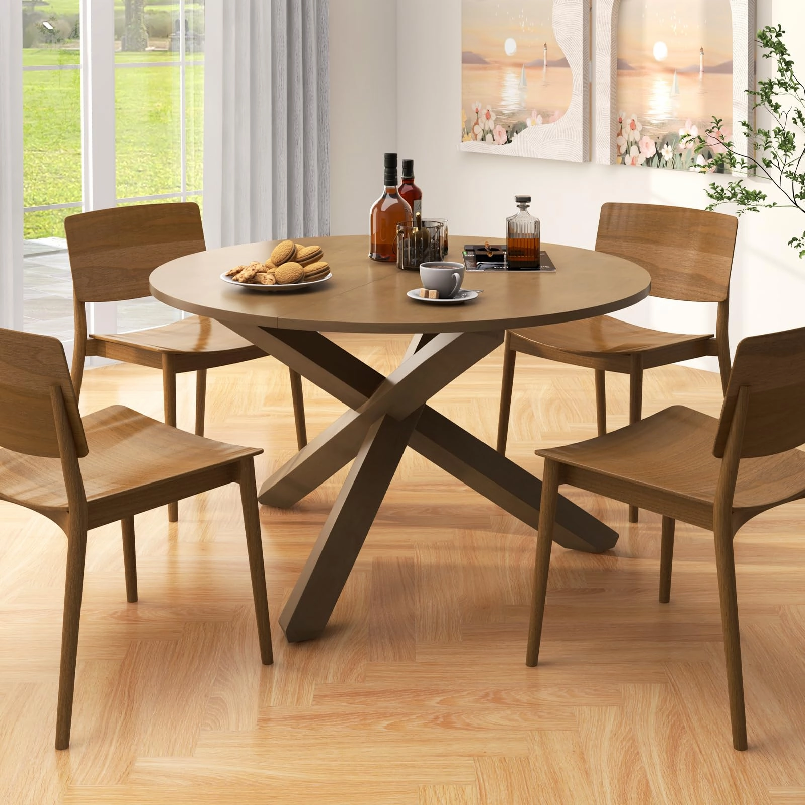 Giantex 47" Round Dining Table, Mid Century Modern Round Kitchen Table w/Solid Acacia Wood Legs, Adjustable Foot Pads