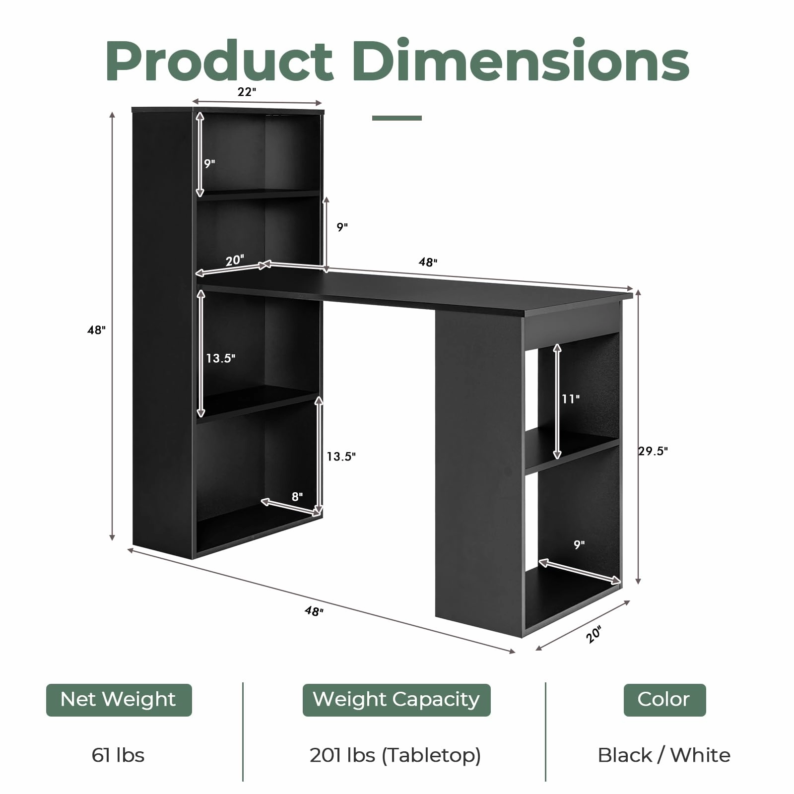 Giantex 48 Inch Computer Desk with Bookshelf, 3-in-1 Home Office Desk with 4-Tier Bookcase & CPU Stand