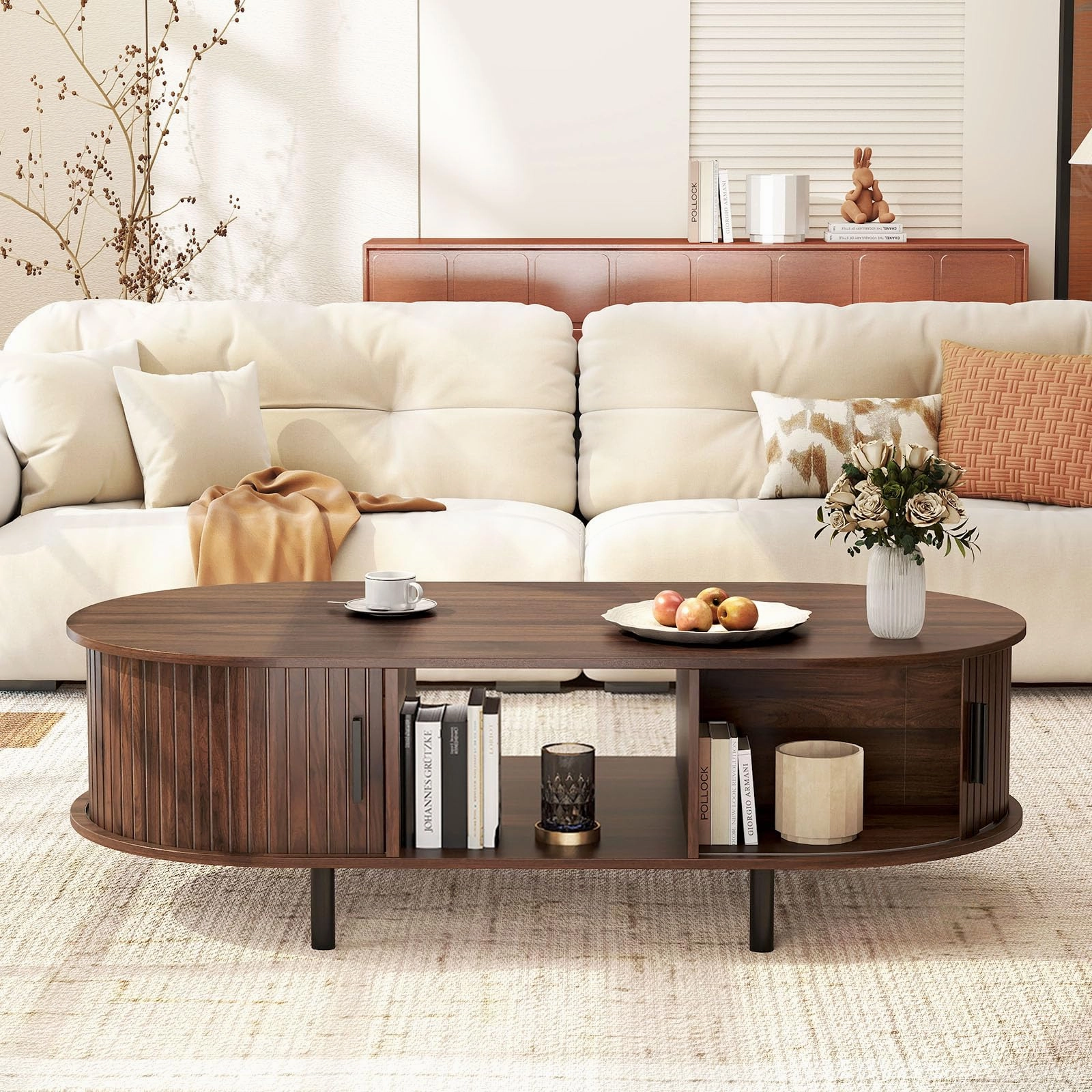 Giantex 48 Inch Mid Century Modern Living Room Table with Sliding Tambour Doors