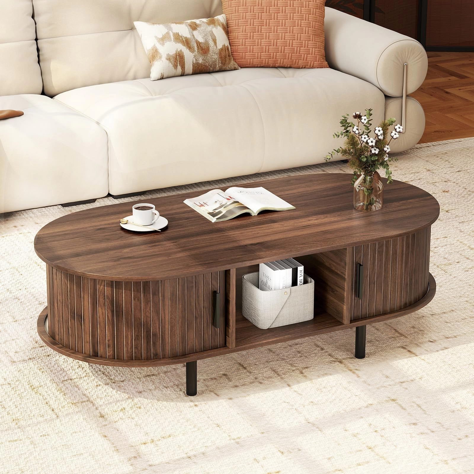 Giantex 48 Inch Mid Century Modern Living Room Table with Sliding Tambour Doors throw pillow, fuzzy blanket