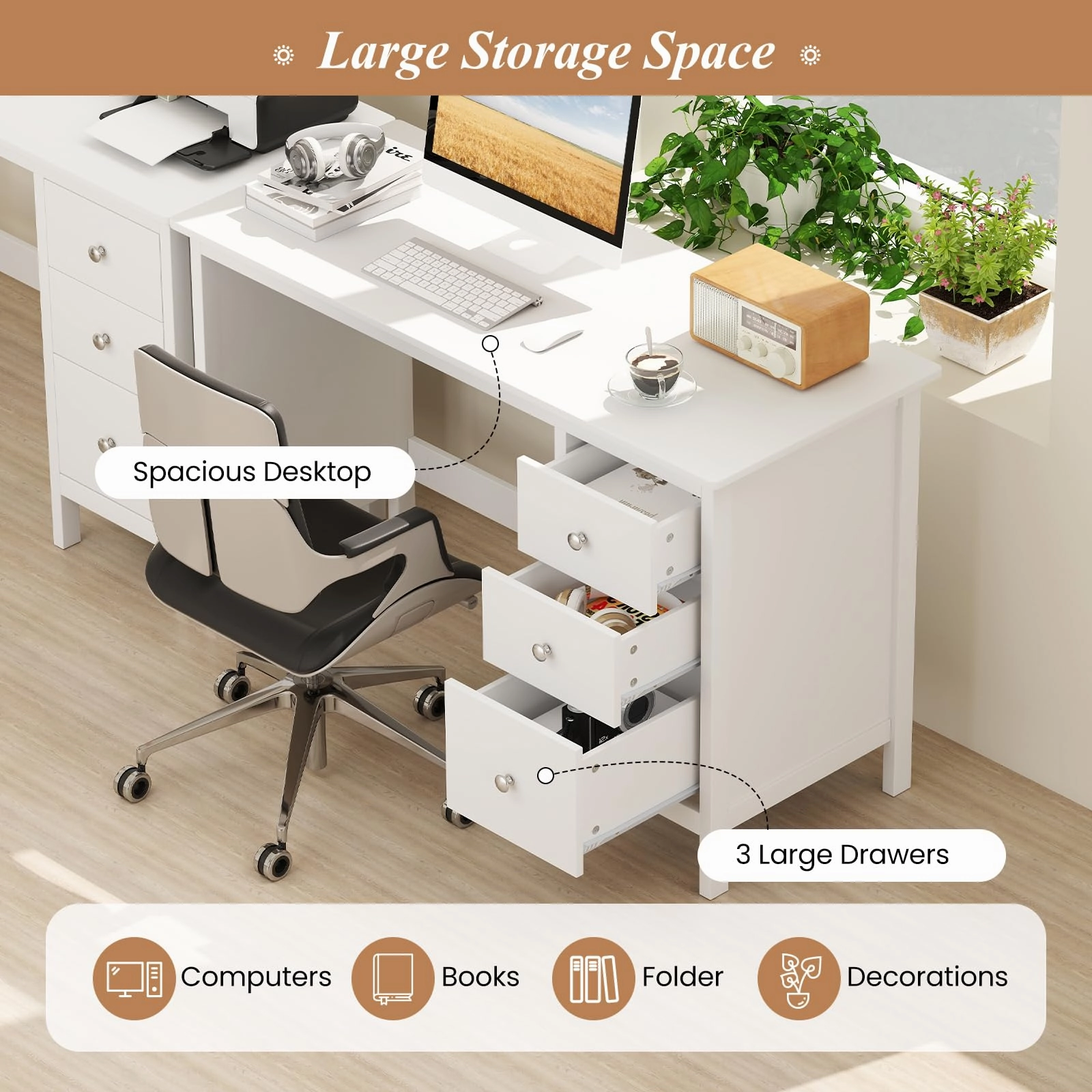 Giantex 48 Inch White Desk with Drawers