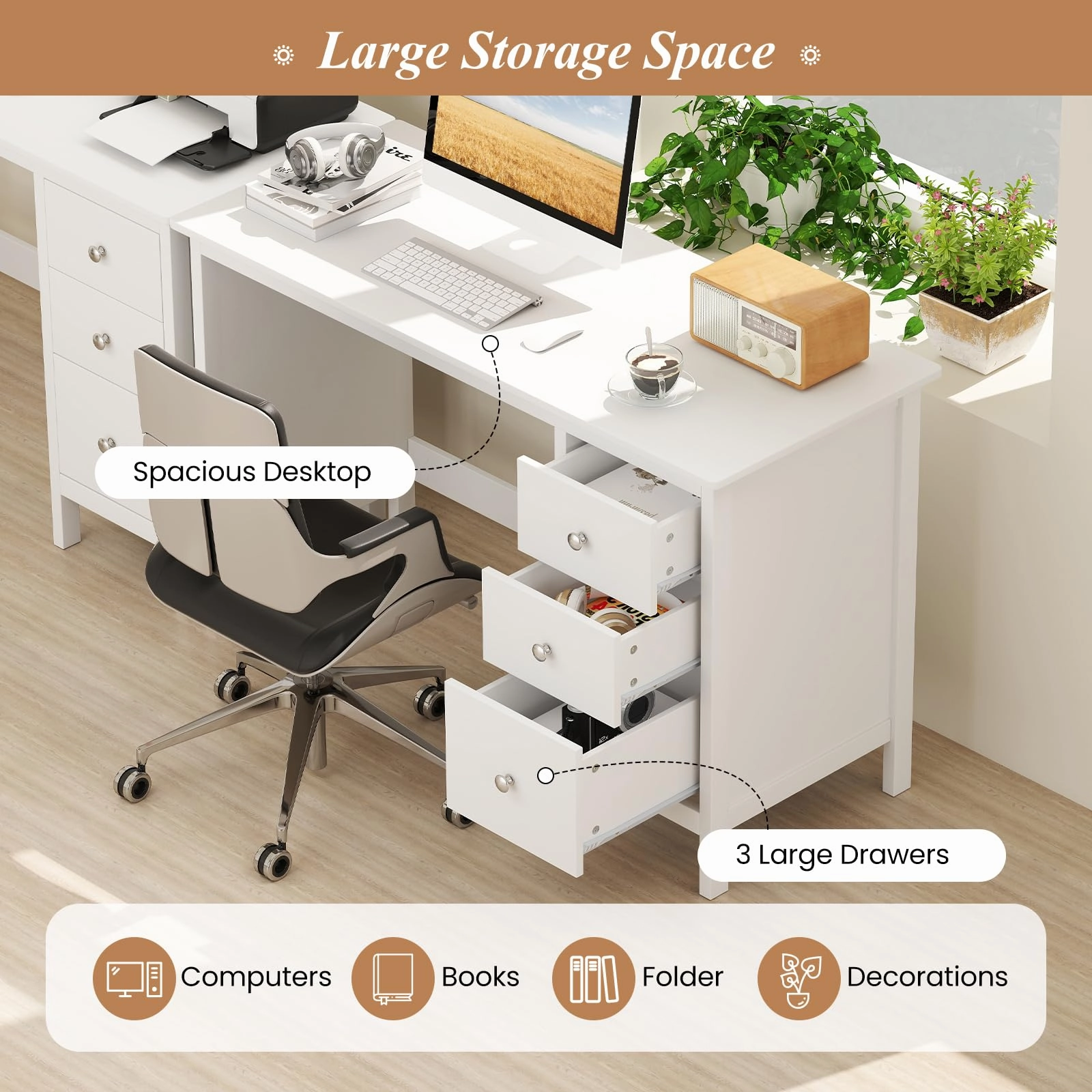 Giantex 48 Inch White Desk with Drawers