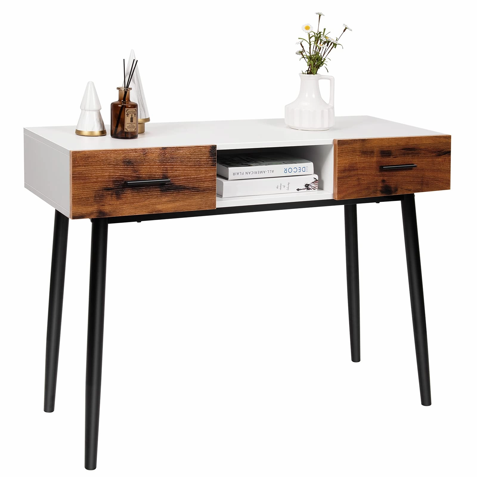 Giantex 48" Console Table, Industrial Style Sofa Table w/ 2 Drawers & Middle Open Shelf cowhide rug, animal hide rug
