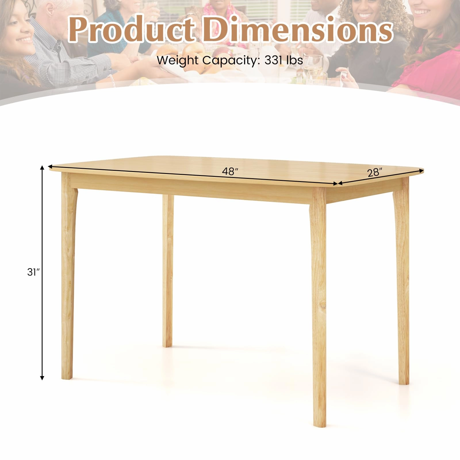 Giantex 48" L Rectangular Wooden Dining Table, Solid Rubber Wood Kitchen Table (Natural)