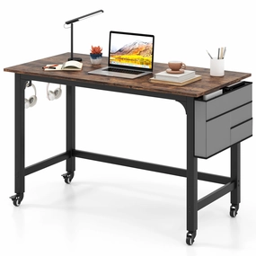 Giantex 48" Rolling Computer Desk, Mobile Study Writing Desk with Wheels & Metal Frame, Simple Style Home Office Work Bench patio decor, garden accessories