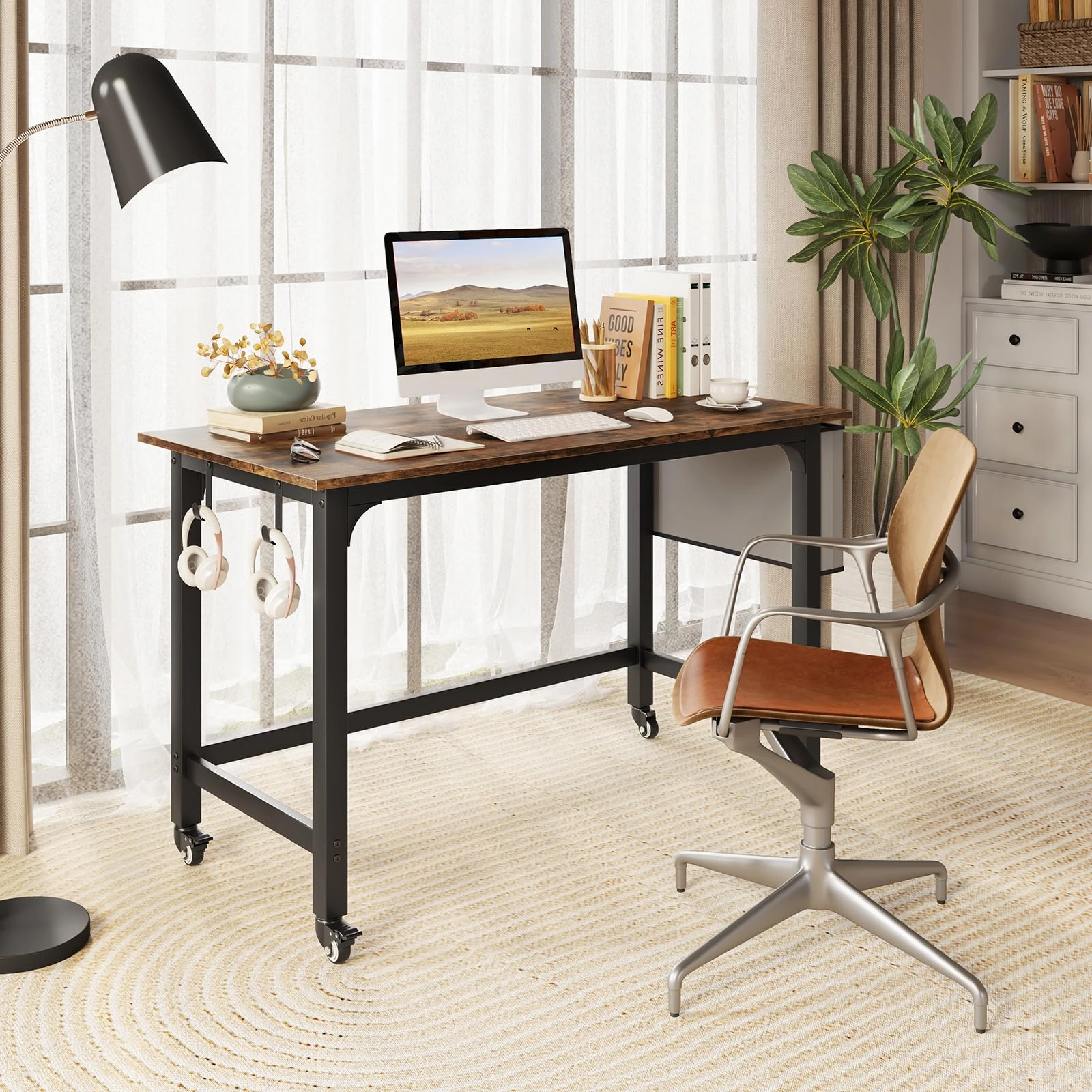 Giantex 48" Rolling Computer Desk, Mobile Study Writing Desk with Wheels & Metal Frame, Simple Style Home Office Work Bench