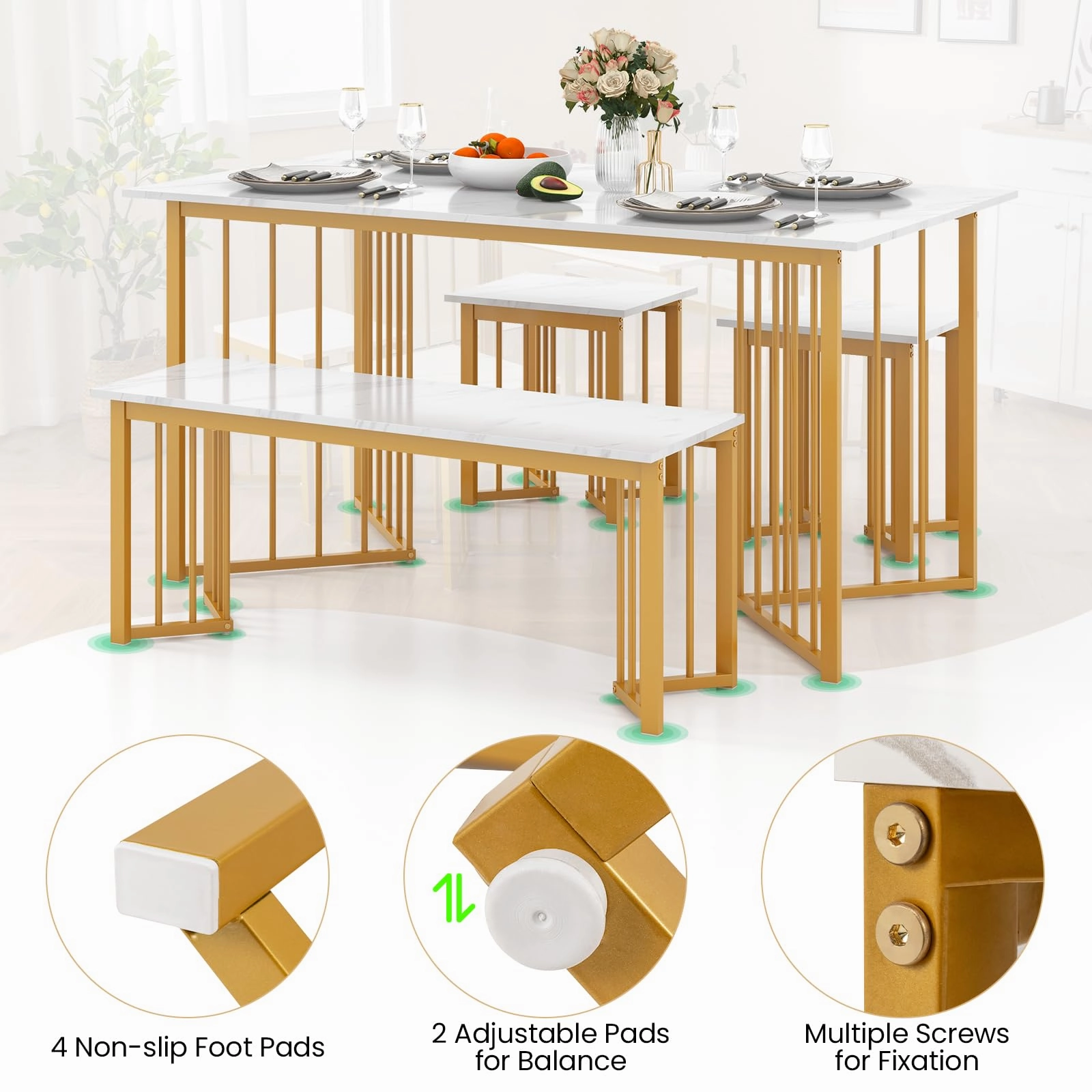 Giantex 4-Piece Dining Table Set for 4, Kitchen Table Chairs Set with Bench & 2 Stools