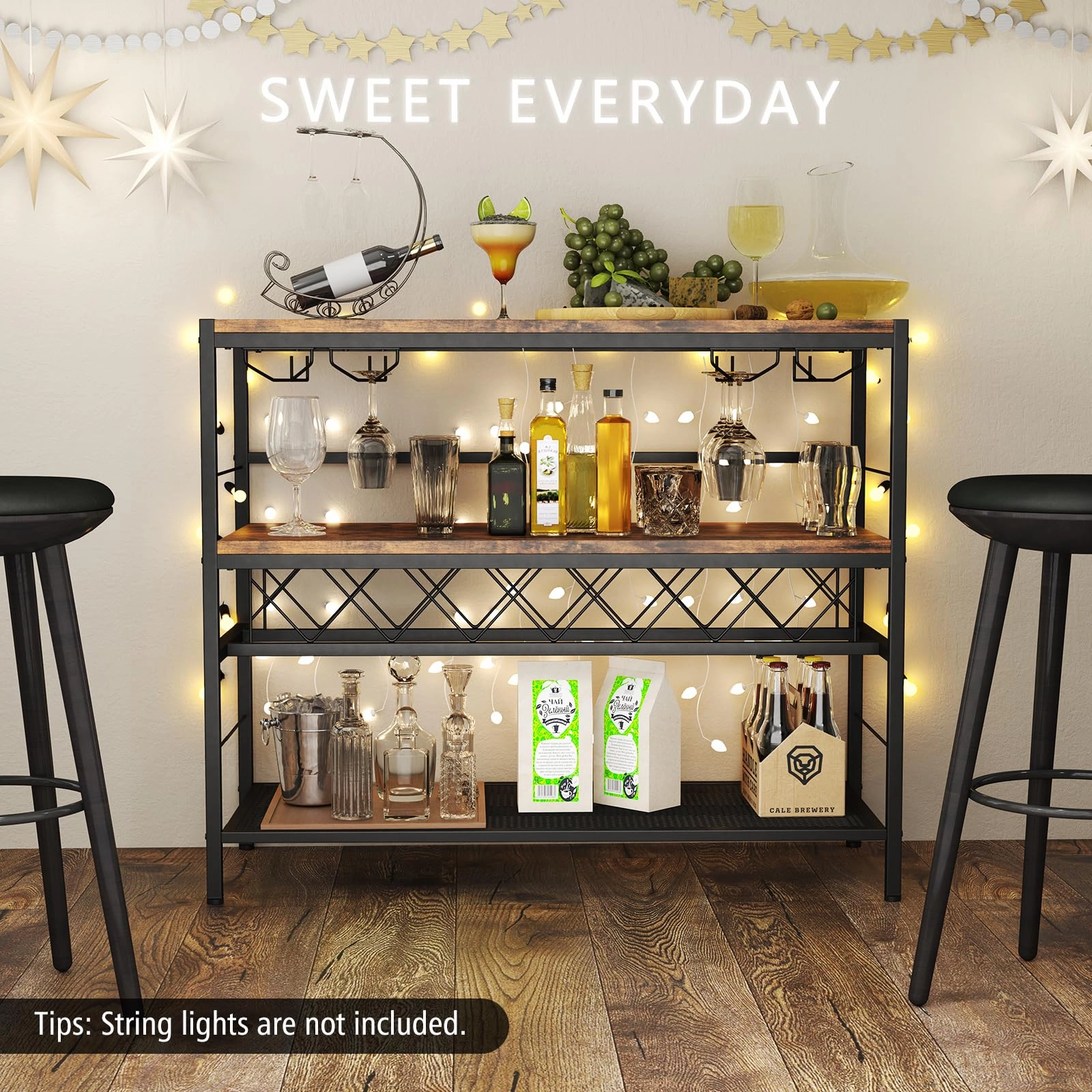 Giantex 4-Tier Wine Rack Table - 7-Bottle Wine Bar Cabinet w/ 4 Wine Racks & 16 Glasses Holder