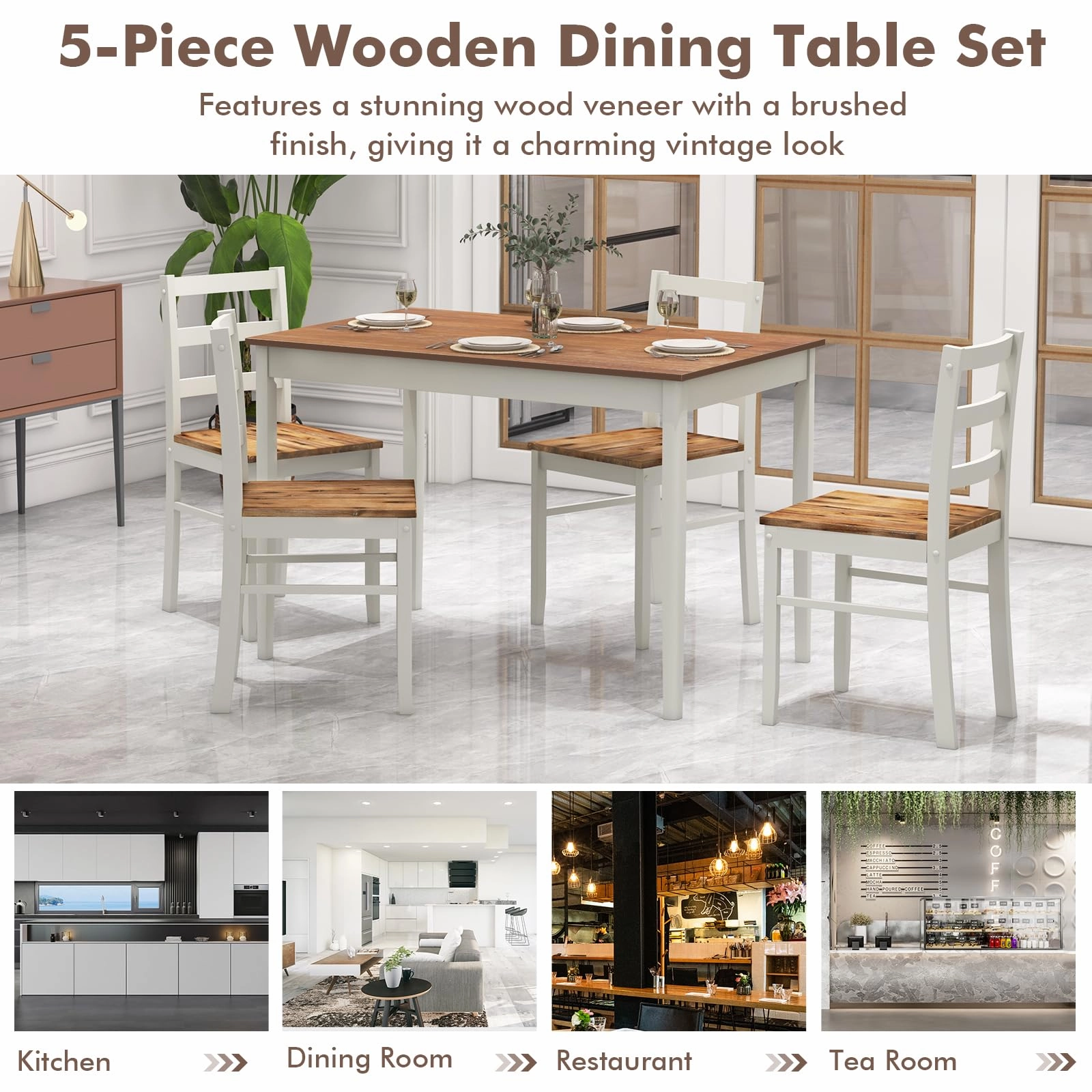 Giantex 5-Piece Dining Set of 4, Solid Wood Rectangular Table & 4 Chairs