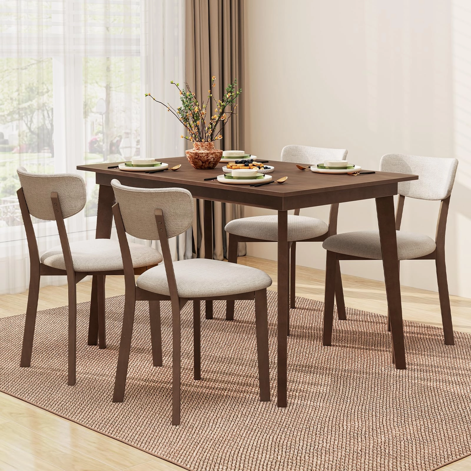 Giantex 5-Piece Dining Table Set for 4, Kitchen Table Set with 48 Dinner Table, Padded Seat, Rubber Wood Legs