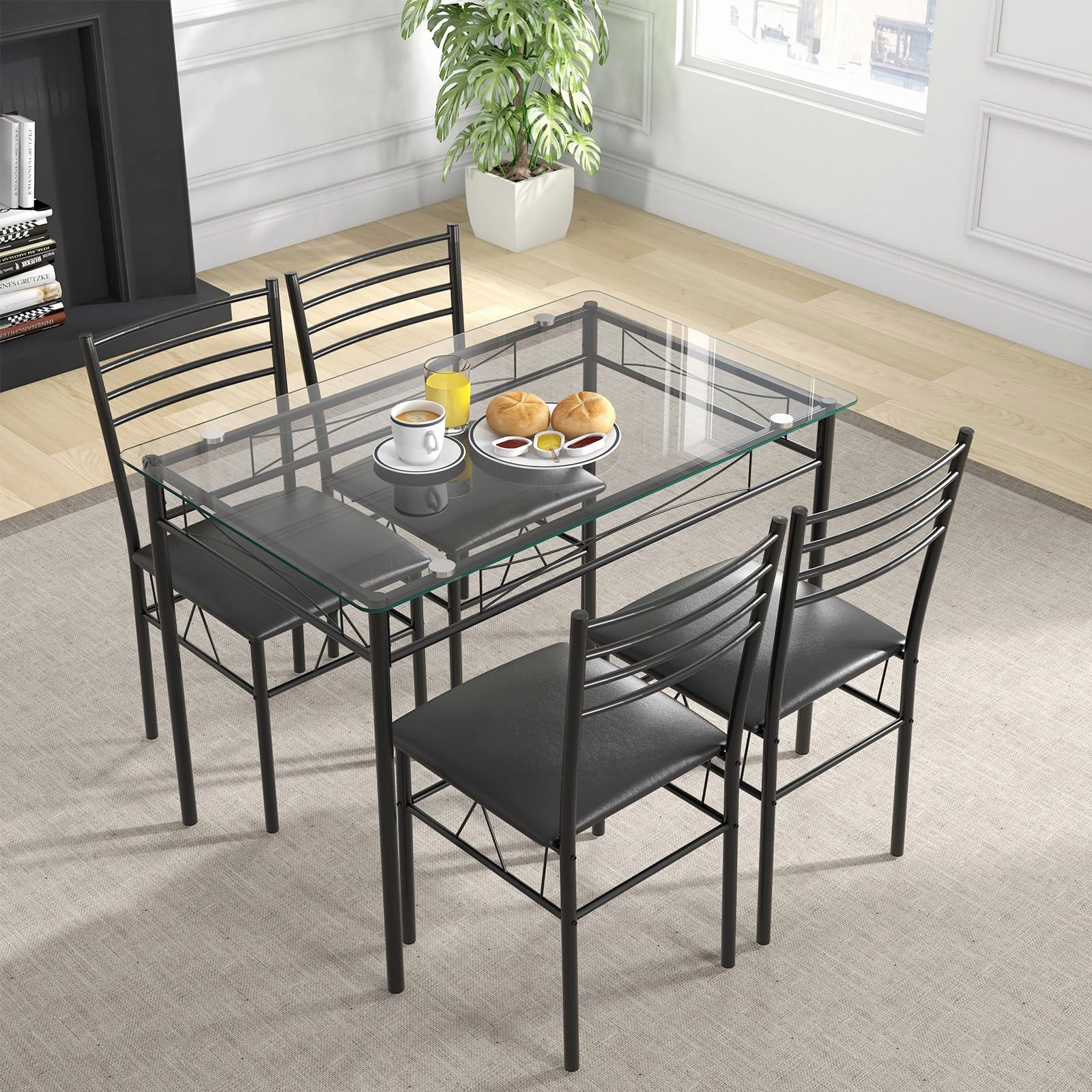 Giantex 5 Piece Dining Table Set, Kitchen Dining Set with Tempered Glass Table Top and 4 Upholstered Chairs (Black)