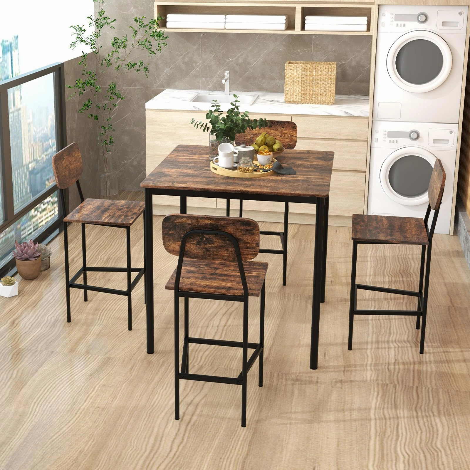 Giantex 5-Piece Dining Table Set W/Counter Height Table & 4 Bar Stools