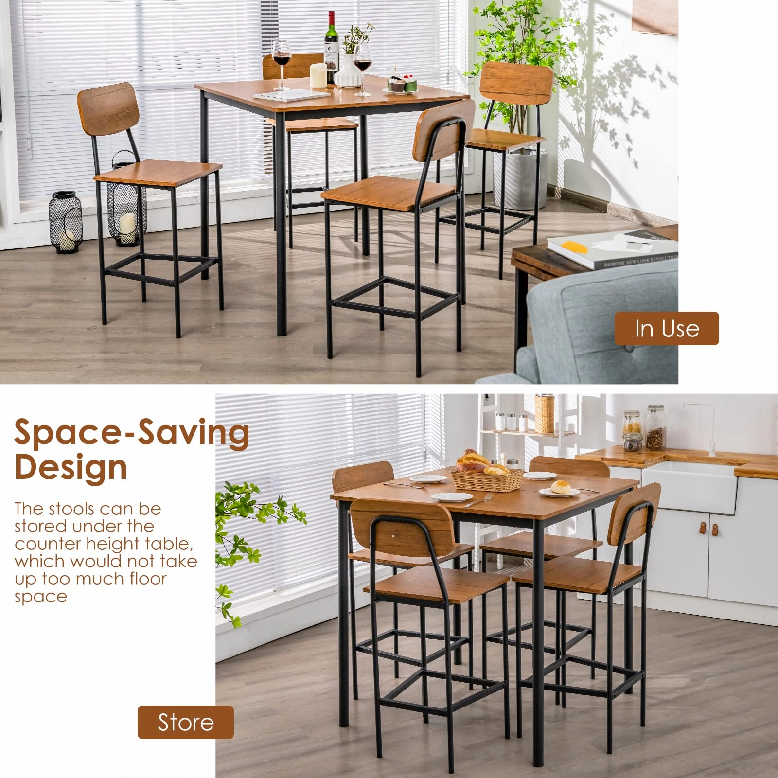 Giantex 5-Piece Dining Table Set W/Counter Height Table & 4 Bar Stools