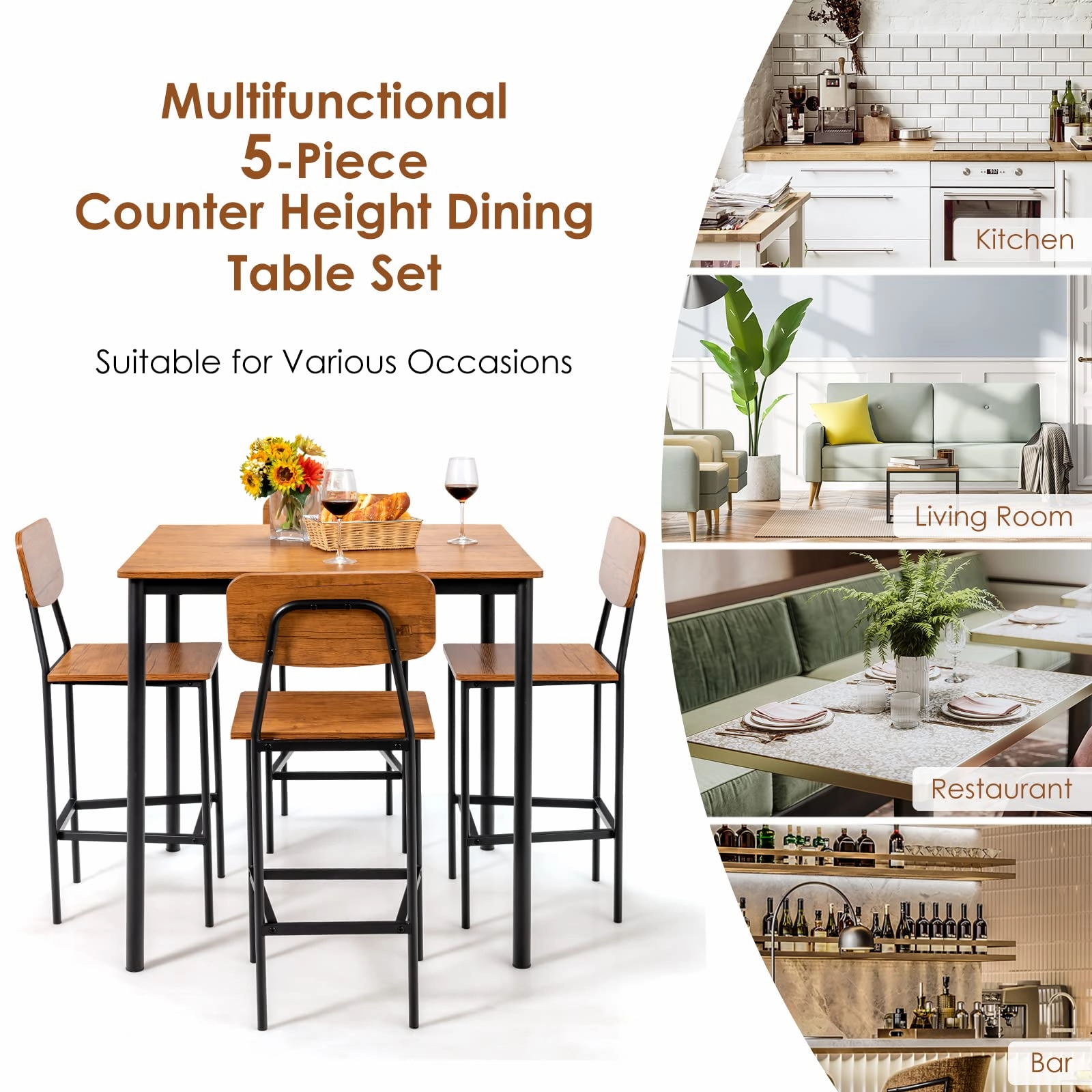 Giantex 5-Piece Dining Table Set W/Counter Height Table & 4 Bar Stools