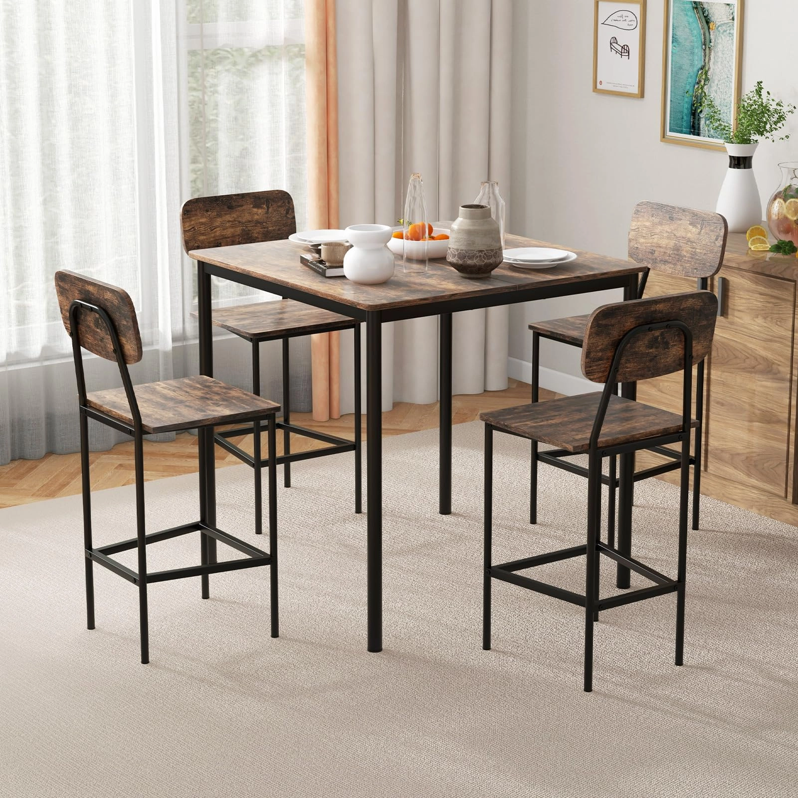 Giantex 5-Piece Dining Table Set W/Counter Height Table & 4 Bar Stools