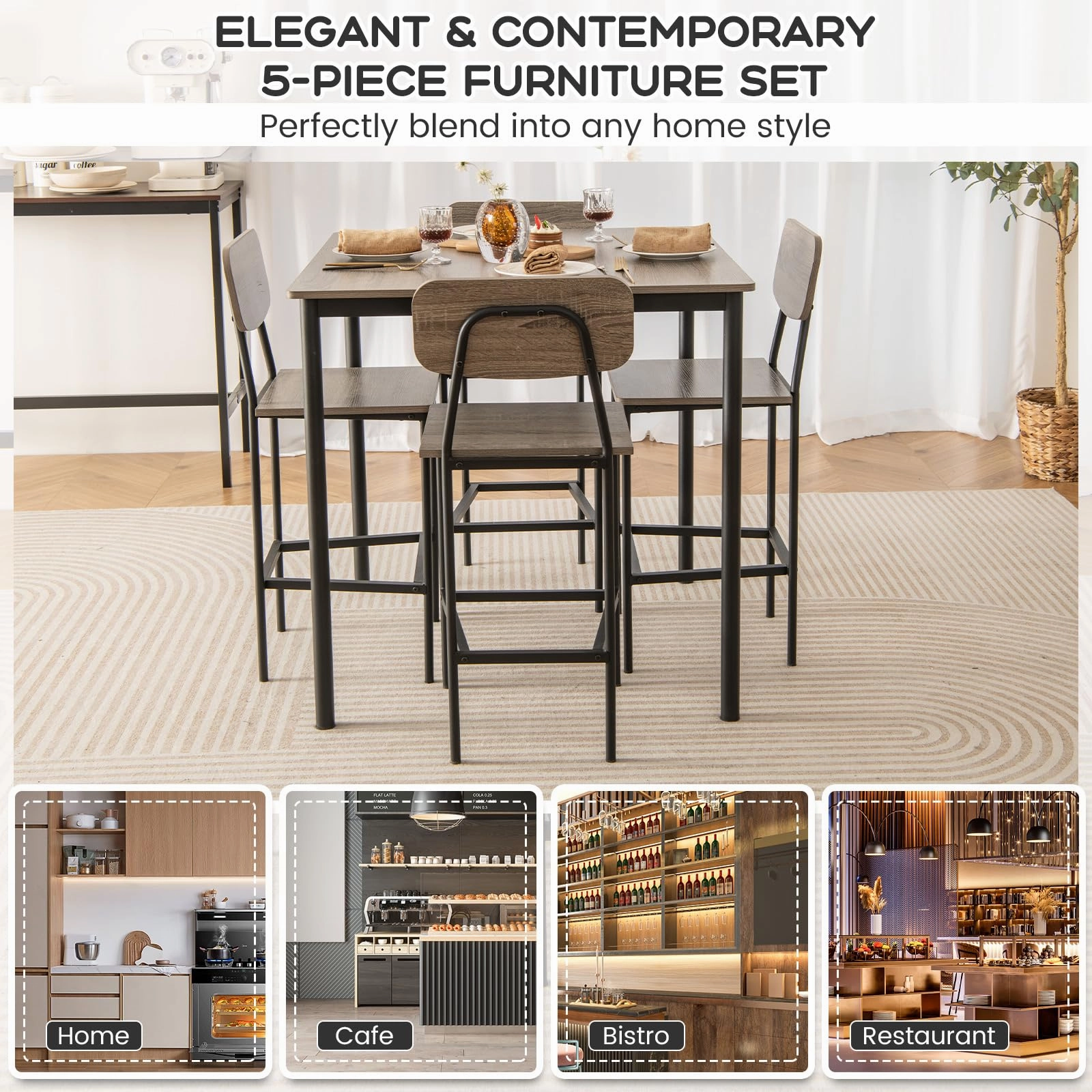 Giantex 5-Piece Dining Table Set W/Counter Height Table & 4 Bar Stools