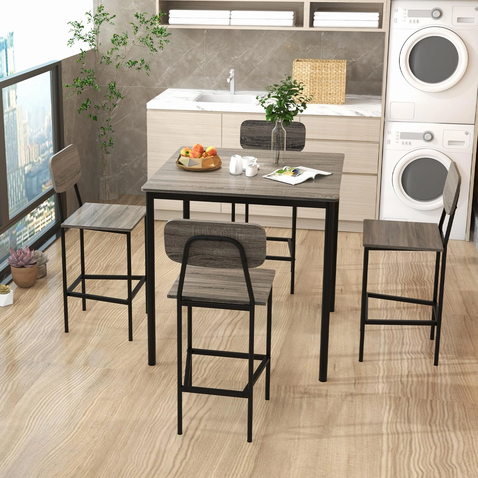 Giantex 5-Piece Dining Table Set W/Counter Height Table & 4 Bar Stools