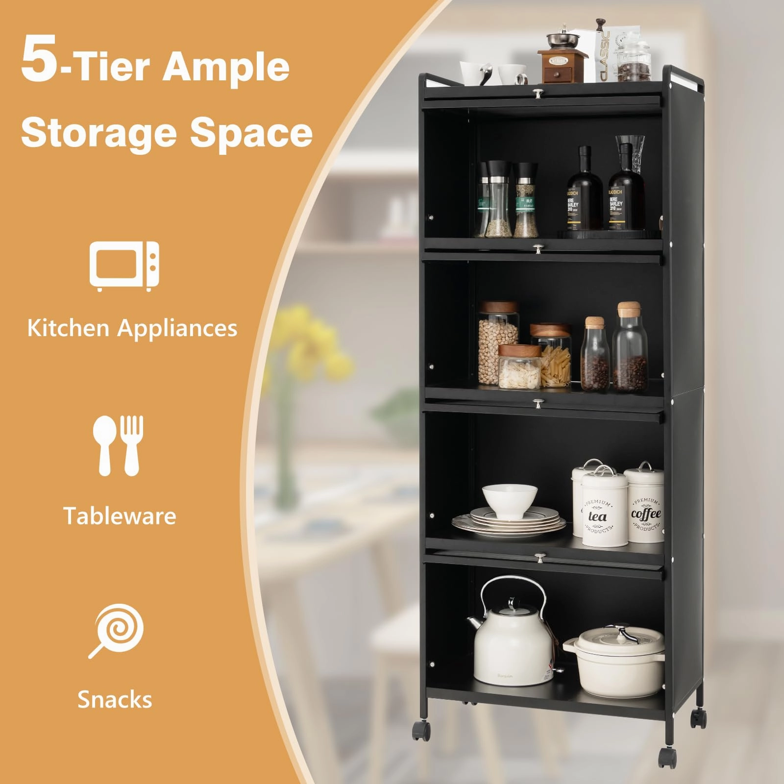 Giantex 5-Tier Kitchen Storage Cabinet, Mobile Microwave Stand with Flip-up PC Doors
