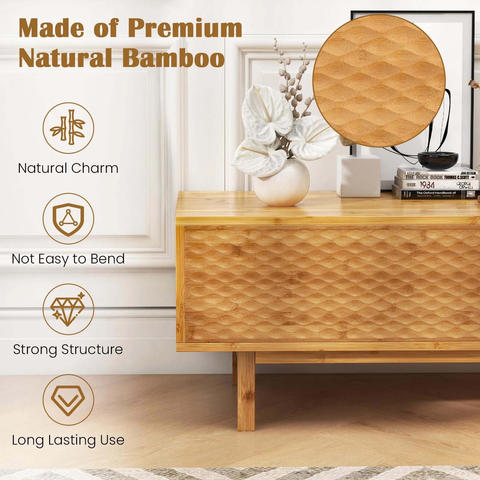 Giantex 63 Bamboo TV Stand, Entertainment Center with 3 Storage Cubes, Sliding Doors