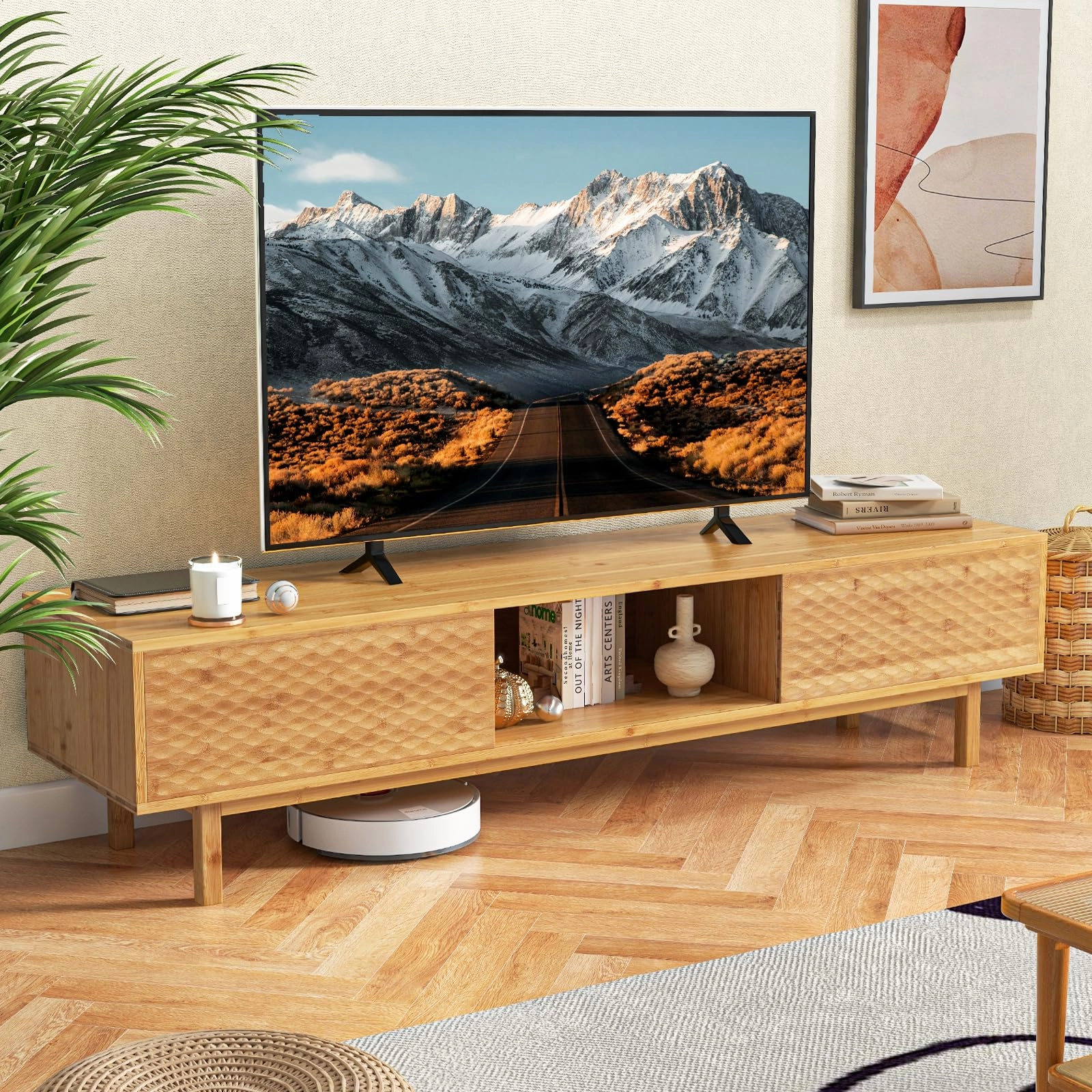 Giantex 63 Bamboo TV Stand, Entertainment Center with 3 Storage Cubes, Sliding Doors