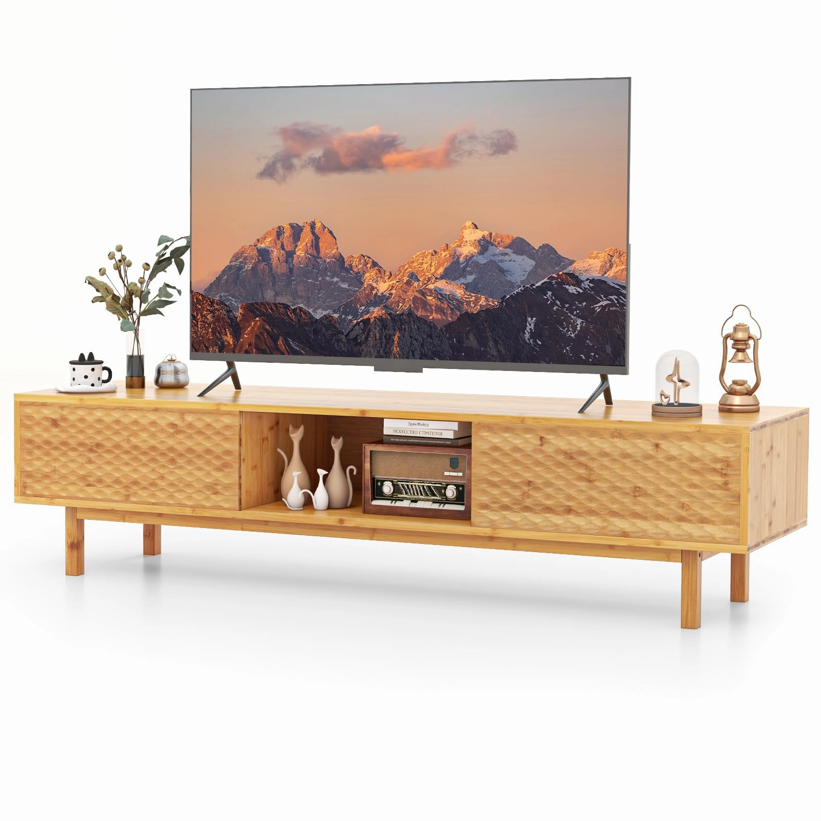 Giantex 63 Bamboo TV Stand, Entertainment Center with 3 Storage Cubes, Sliding Doors doormat, welcome mat