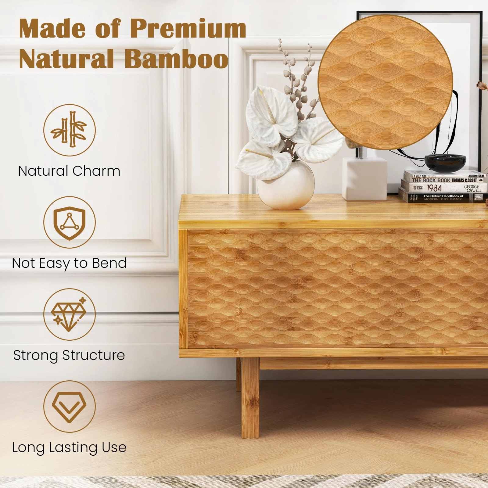 Giantex 63 Bamboo TV Stand, Entertainment Center with 3 Storage Cubes, Sliding Doors
