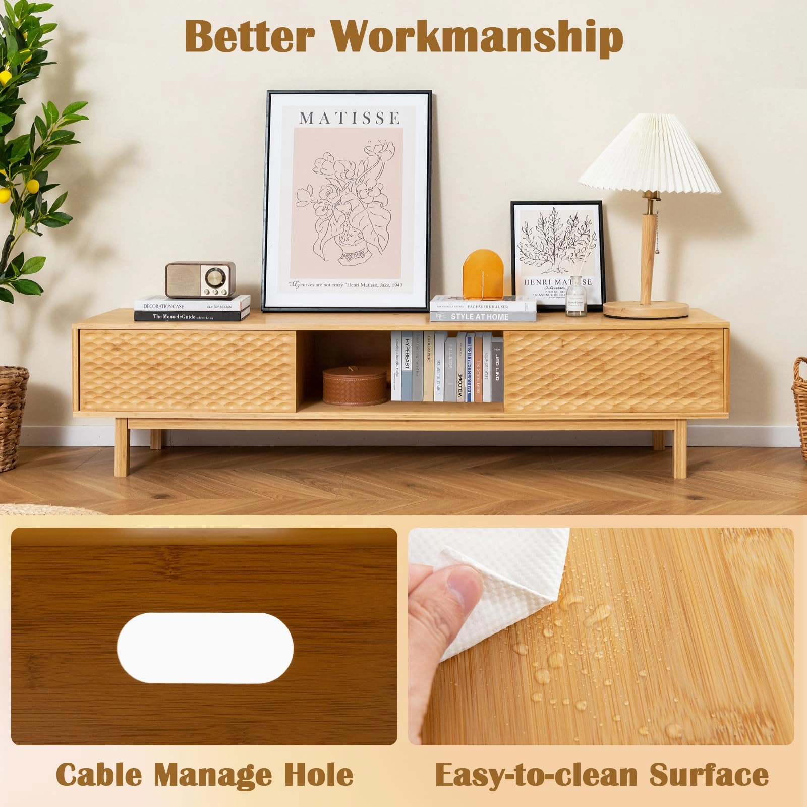 Giantex 63 Bamboo TV Stand, Entertainment Center with 3 Storage Cubes, Sliding Doors