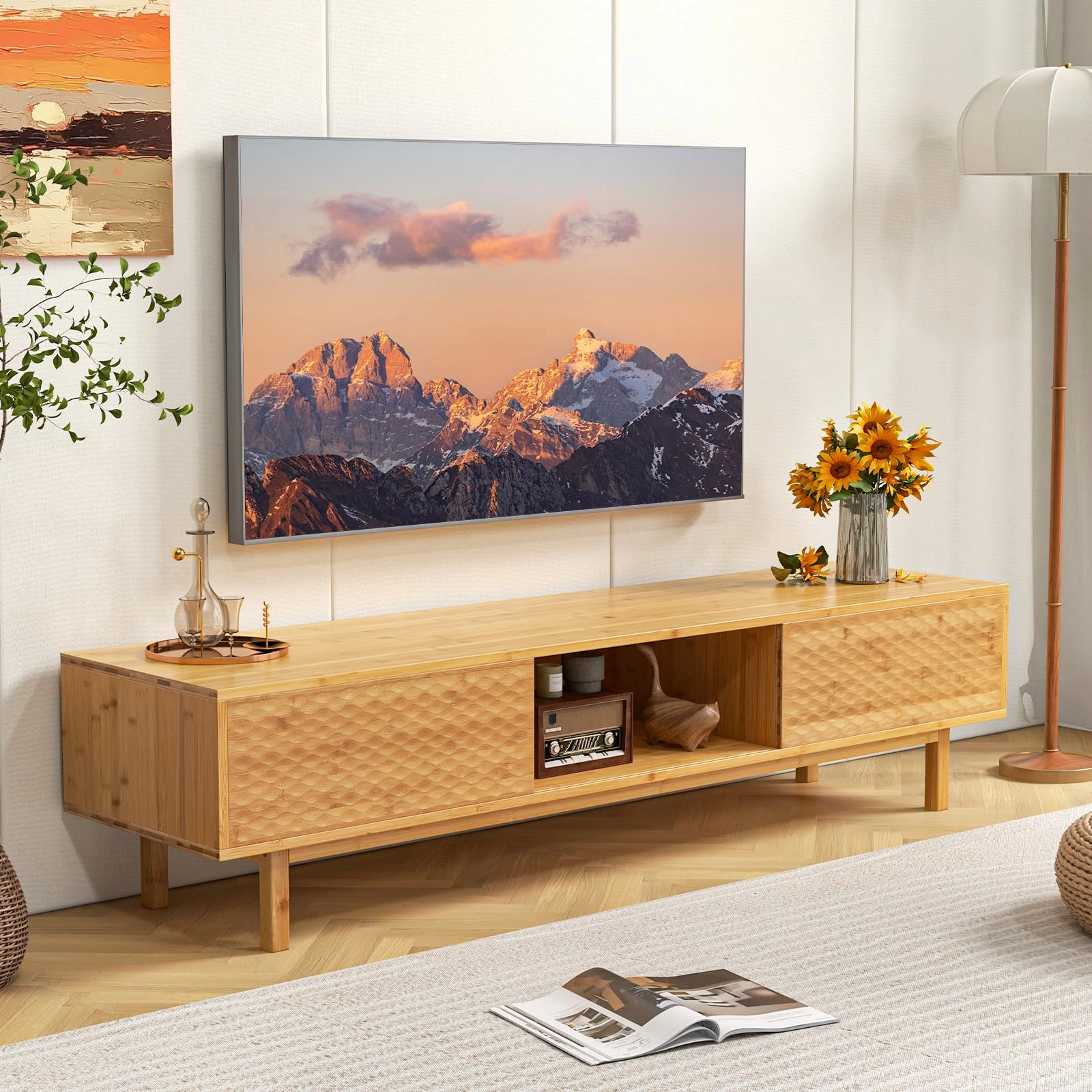 Giantex 63 Bamboo TV Stand, Entertainment Center with 3 Storage Cubes, Sliding Doors