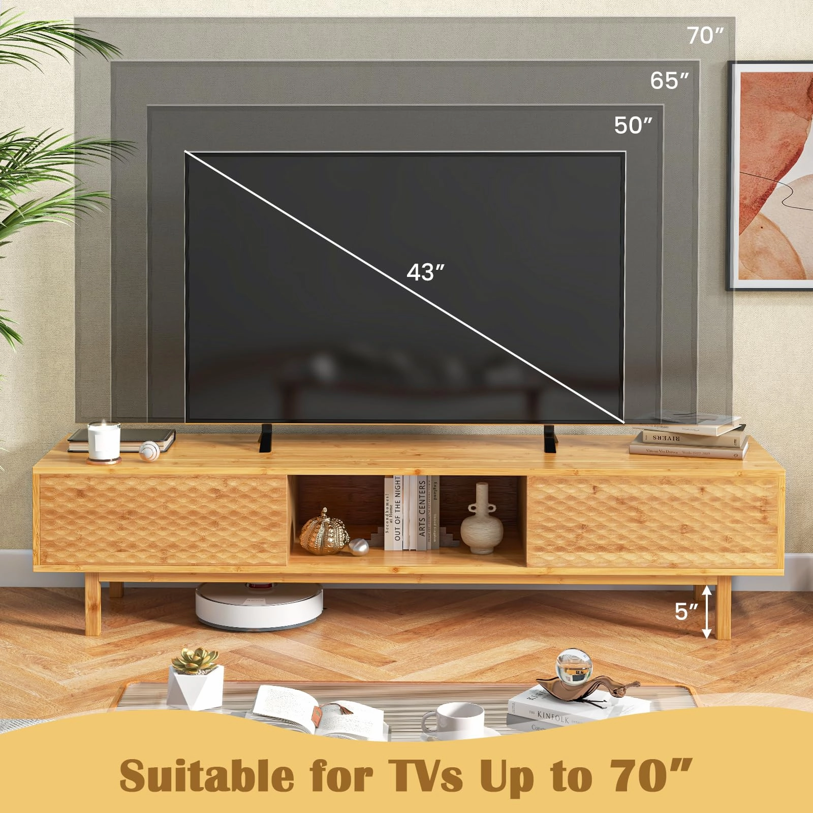 Giantex 63 Bamboo TV Stand, Entertainment Center with 3 Storage Cubes, Sliding Doors