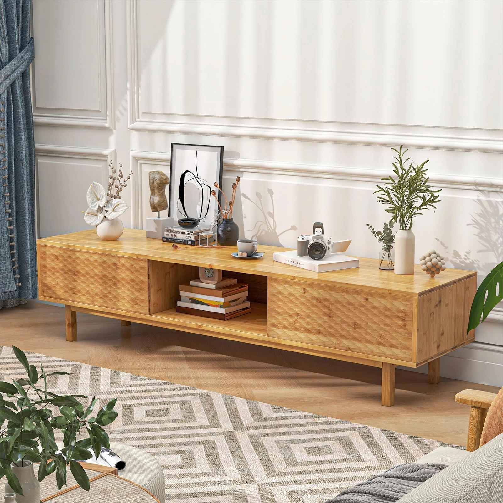 Giantex 63 Bamboo TV Stand, Entertainment Center with 3 Storage Cubes, Sliding Doors