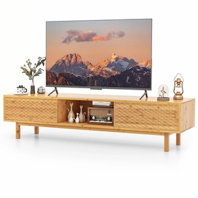Giantex 63 Bamboo TV Stand, Entertainment Center with 3 Storage Cubes, Sliding Doors doormat, welcome mat