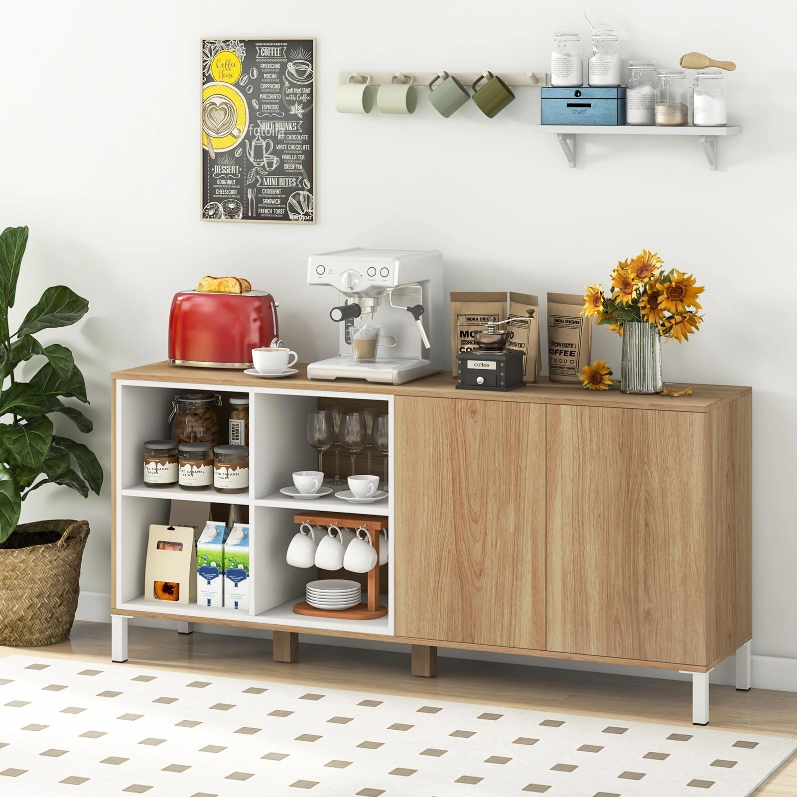 Giantex 63 Buffet Cabinet with Storage, Farmhouse Kitchen Sideboard w/ 4 Cubes, Adjustable Shelves & Pop-up Doors