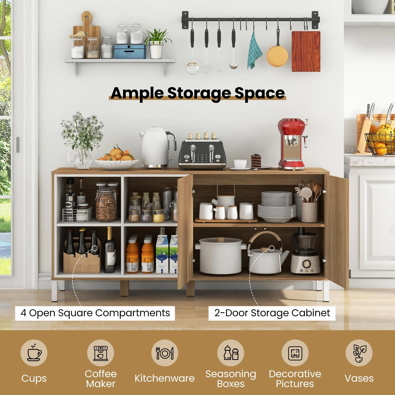 Giantex 63 Buffet Cabinet with Storage, Farmhouse Kitchen Sideboard w/ 4 Cubes, Adjustable Shelves & Pop-up Doors