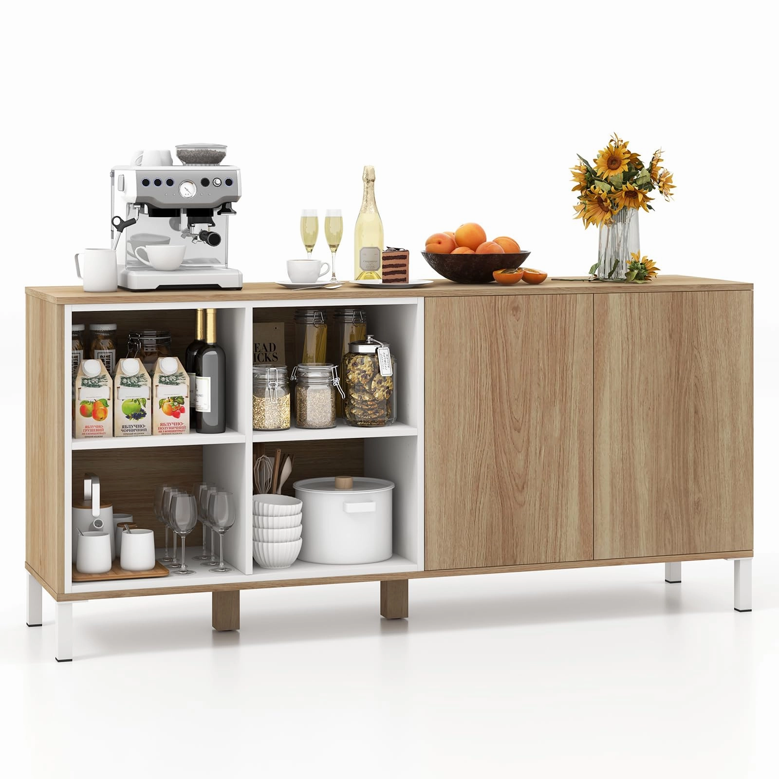 Giantex 63 Buffet Cabinet with Storage, Farmhouse Kitchen Sideboard w/ 4 Cubes, Adjustable Shelves & Pop-up Doors kitchen towel, placemats
