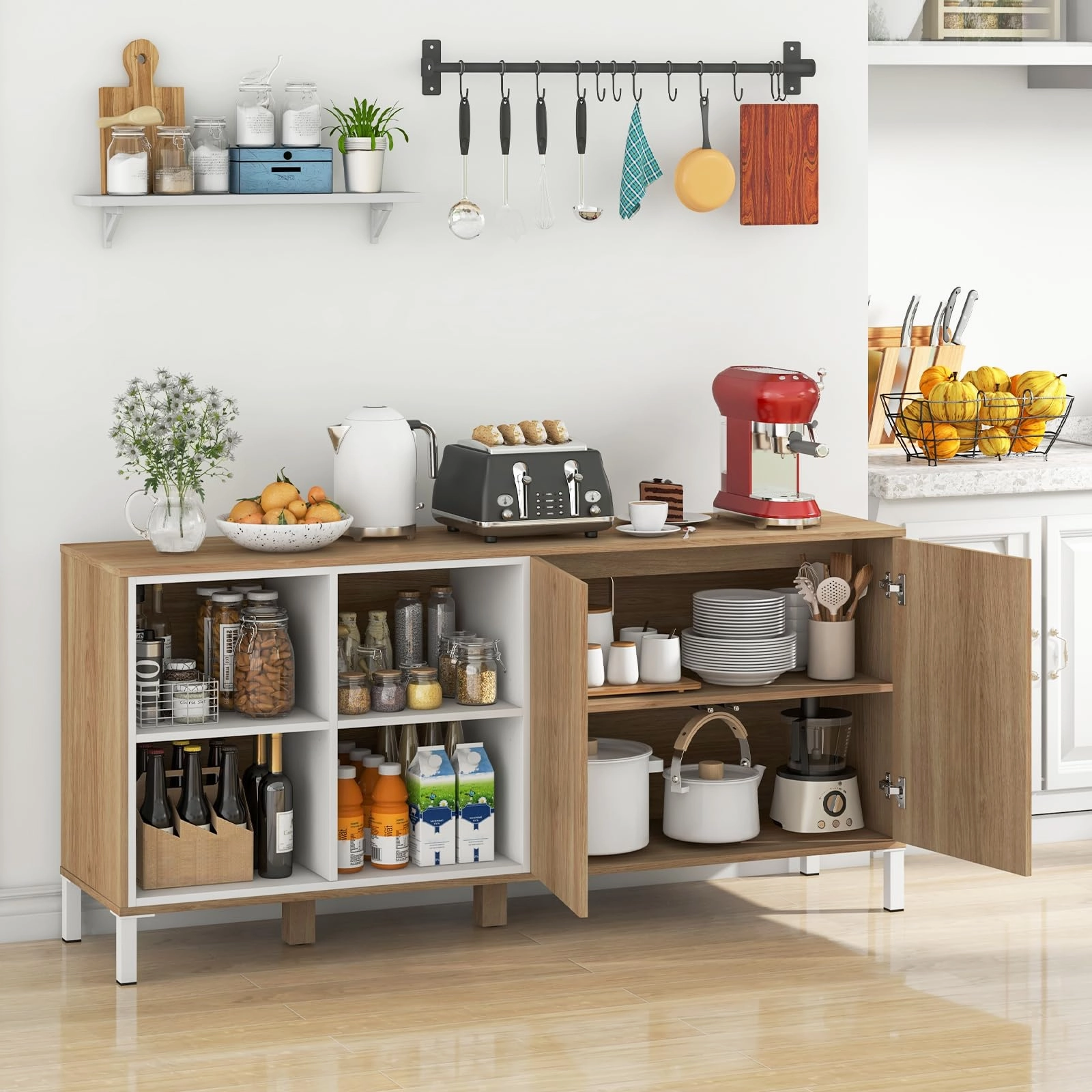 Giantex 63 Buffet Cabinet with Storage, Farmhouse Kitchen Sideboard w/ 4 Cubes, Adjustable Shelves & Pop-up Doors