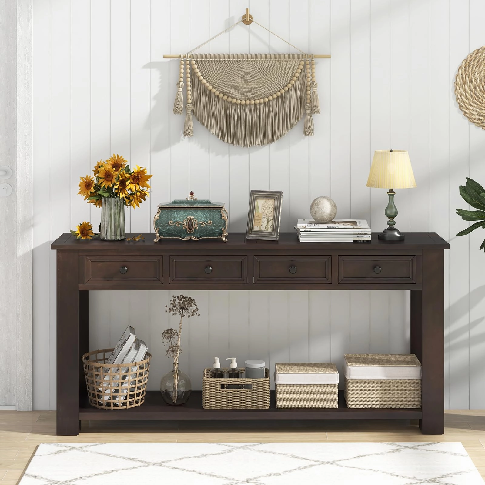 Giantex 63" Farmhouse Entryway Table, Narrow Console Table w/ 4 Storage Drawers & Open Shelf