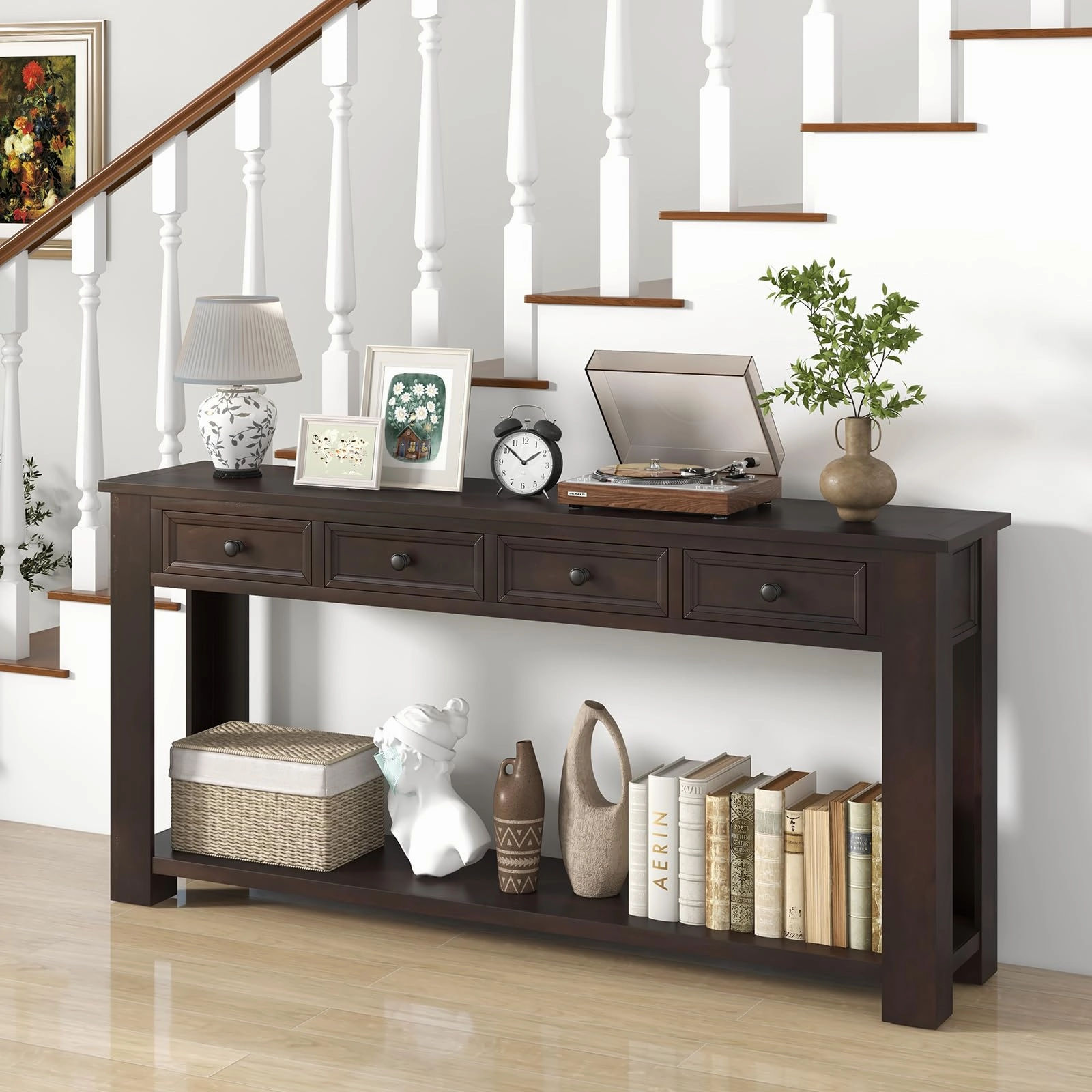 Giantex 63" Farmhouse Entryway Table, Narrow Console Table w/ 4 Storage Drawers & Open Shelf