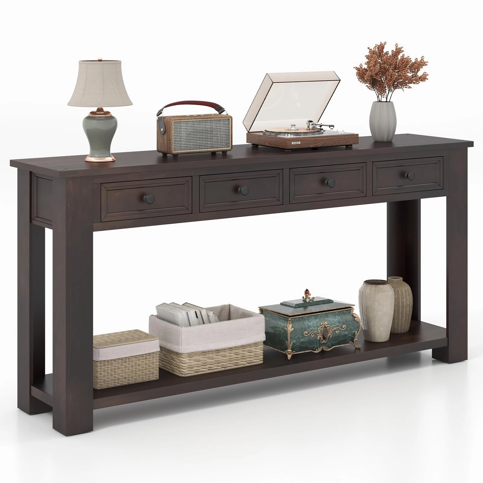 Giantex 63" Farmhouse Entryway Table, Narrow Console Table w/ 4 Storage Drawers & Open Shelf throw pillow, fuzzy blanket