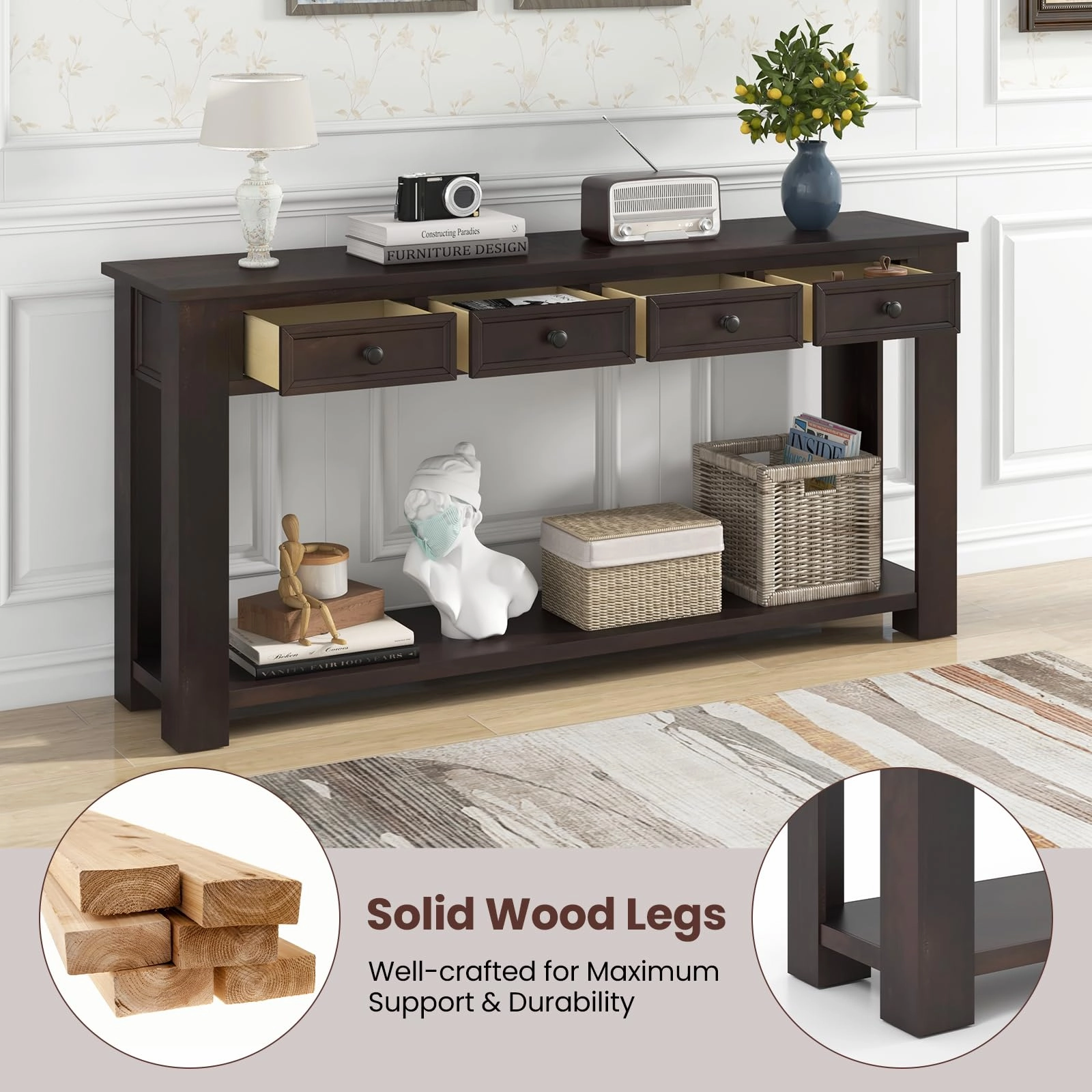 Giantex 63" Farmhouse Entryway Table, Narrow Console Table w/ 4 Storage Drawers & Open Shelf