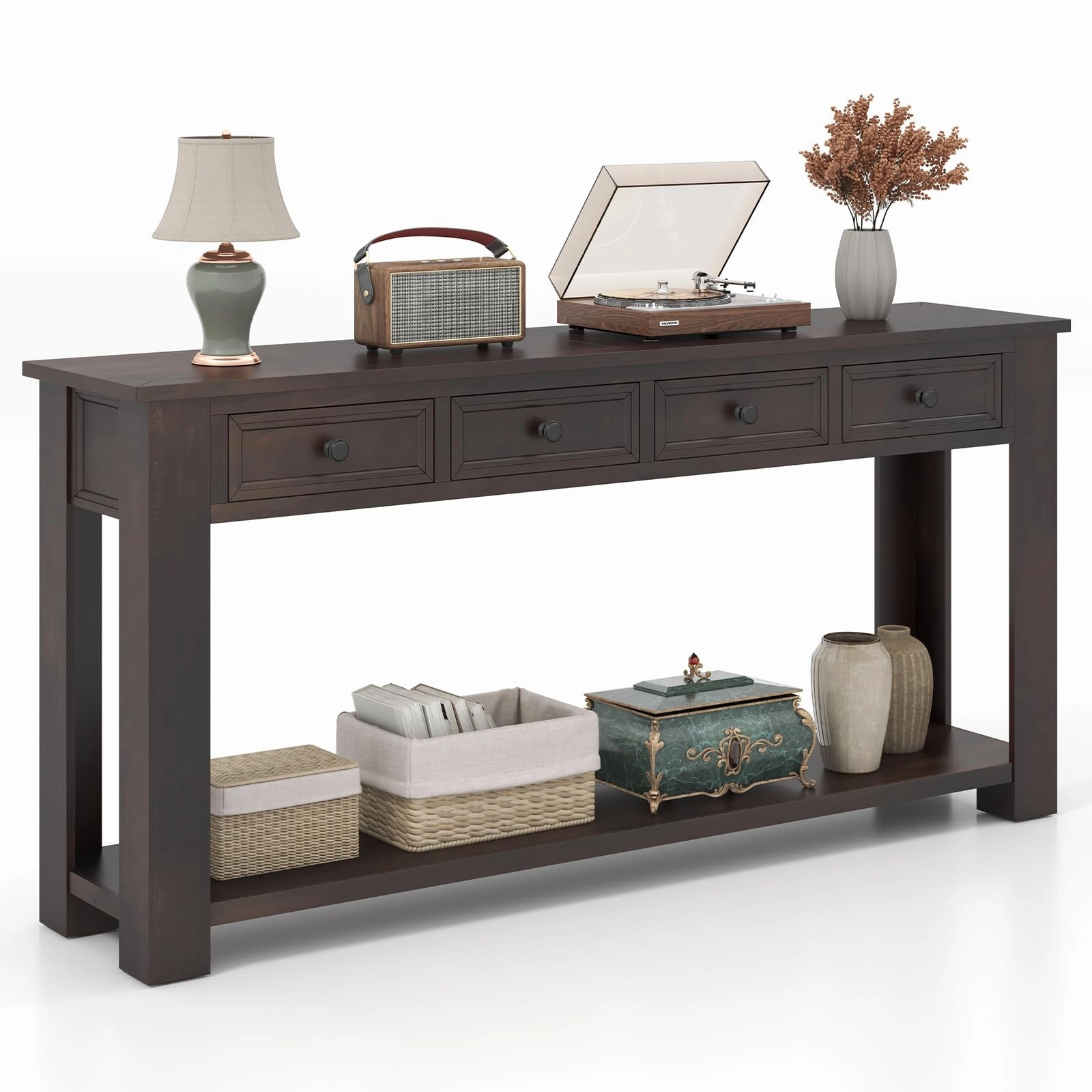 Giantex 63" Farmhouse Entryway Table, Narrow Console Table w/ 4 Storage Drawers & Open Shelf cowhide rug, animal hide rug