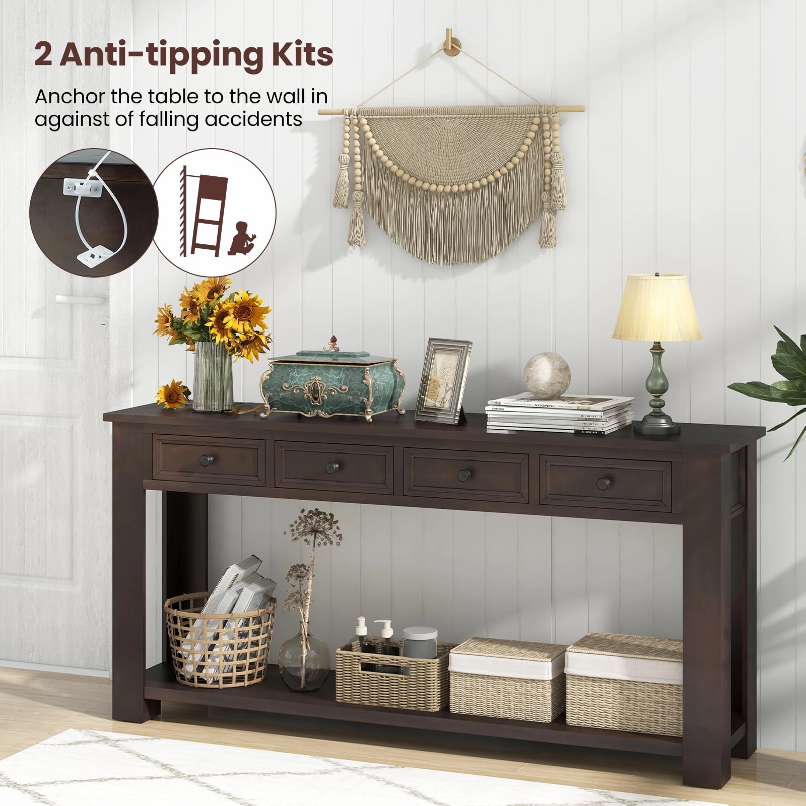 Giantex 63" Farmhouse Entryway Table, Narrow Console Table w/ 4 Storage Drawers & Open Shelf