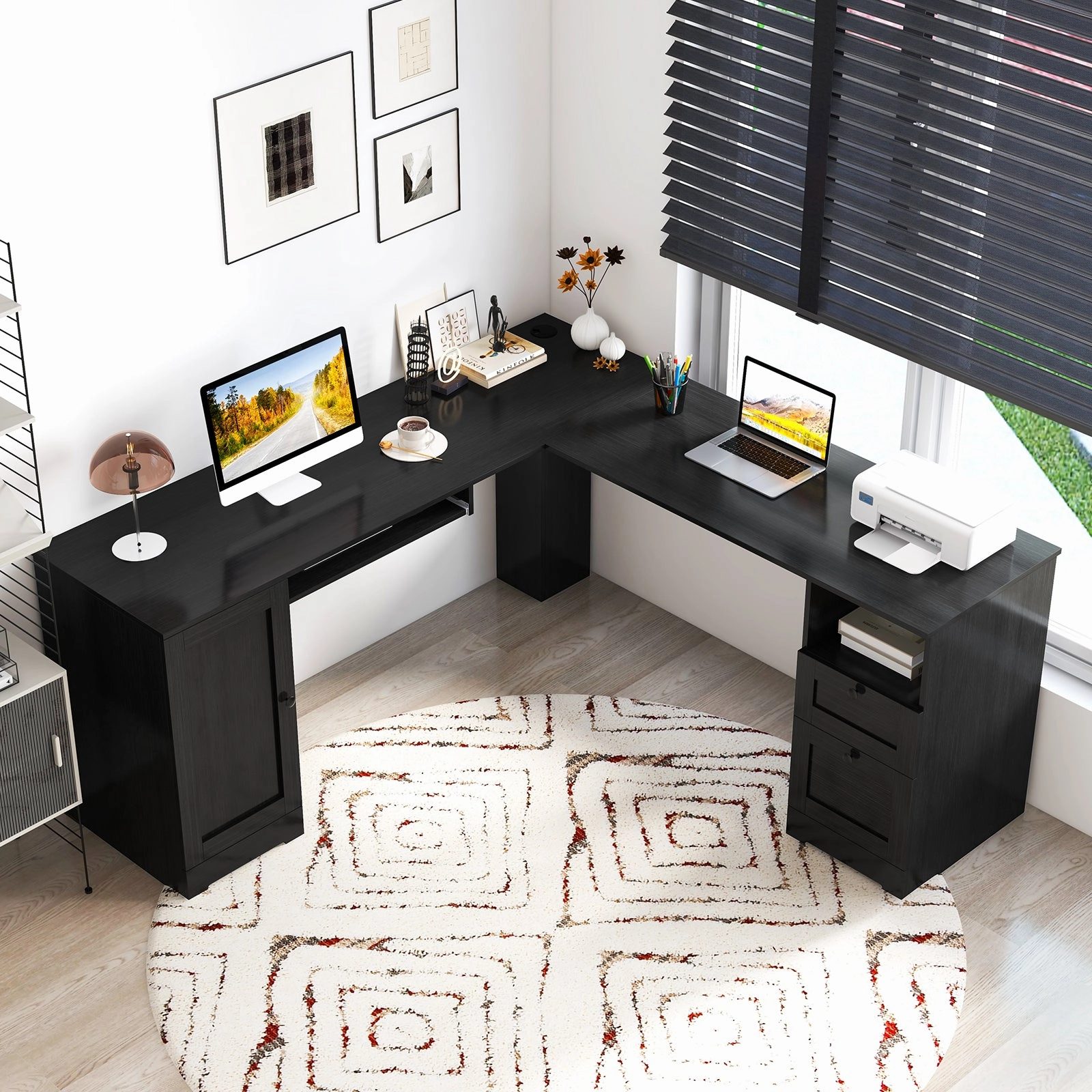 Giantex 66" L-Shaped Desk with Storage Drawers & Charging Station