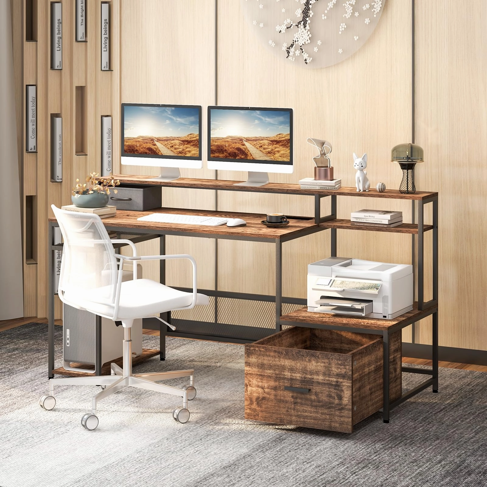 Giantex 67" Computer Desk with File Drawers Cabinet, Home Office Desk with Monitor Stand