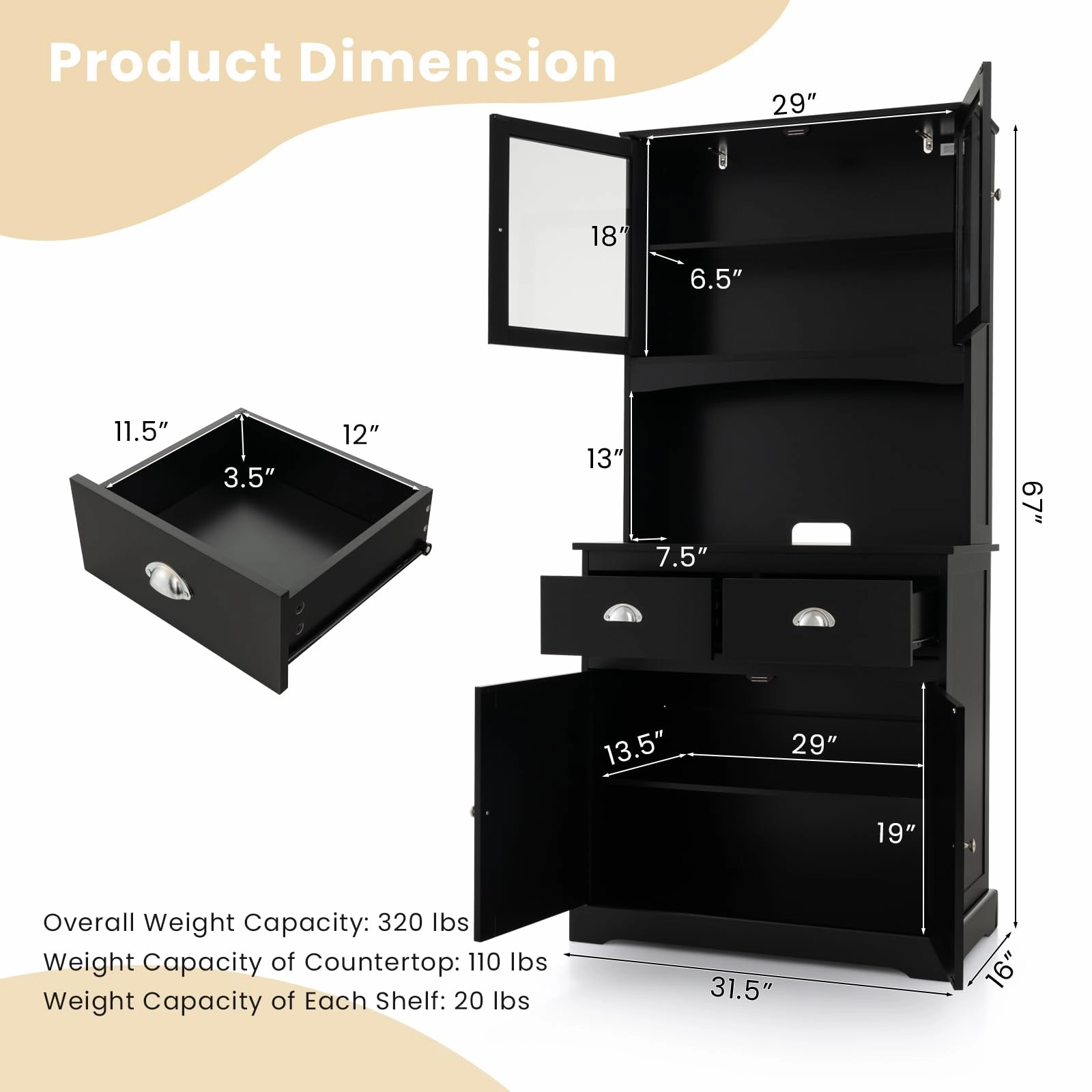 Giantex 67" Pantry Organizers and Storage, Freestanding Tall Buffet Cabinet with Hutch, 2 Drawers