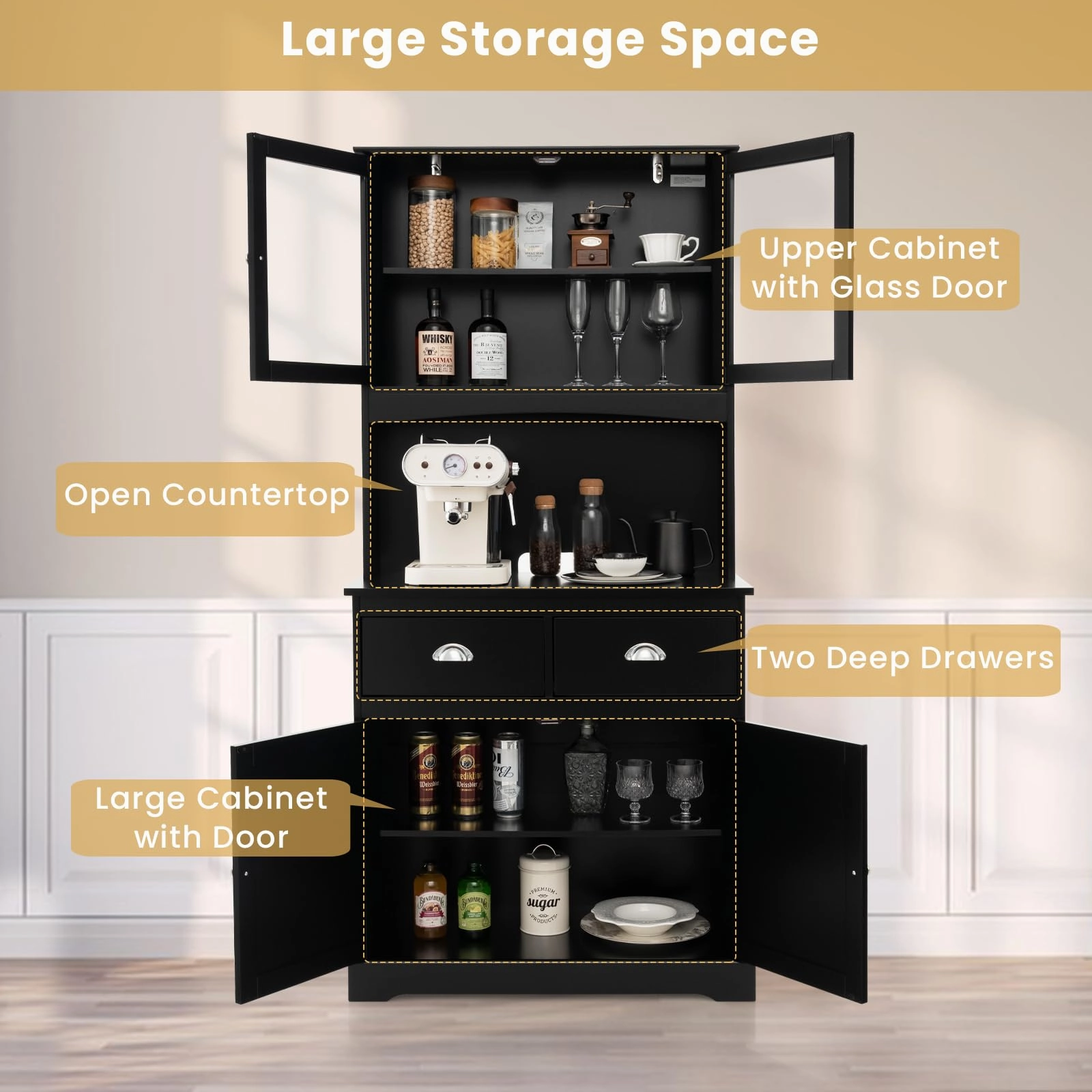 Giantex 67" Pantry Organizers and Storage, Freestanding Tall Buffet Cabinet with Hutch, 2 Drawers