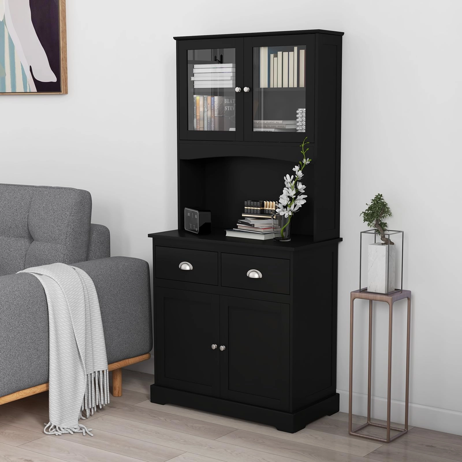 Giantex 67" Pantry Organizers and Storage, Freestanding Tall Buffet Cabinet with Hutch, 2 Drawers