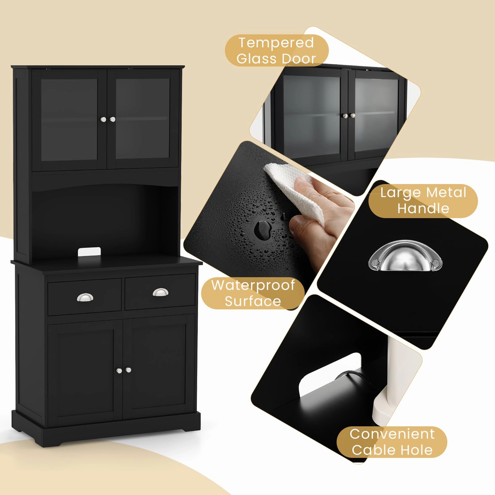 Giantex 67" Pantry Organizers and Storage, Freestanding Tall Buffet Cabinet with Hutch, 2 Drawers