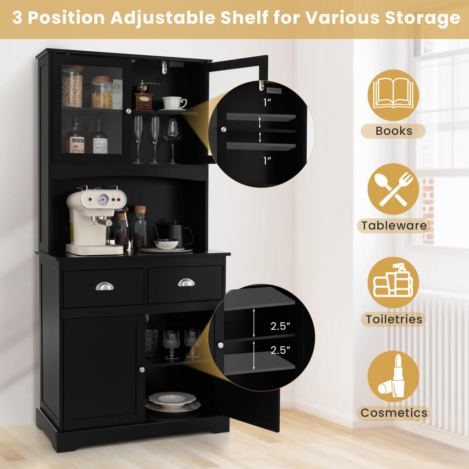 Giantex 67" Pantry Organizers and Storage, Freestanding Tall Buffet Cabinet with Hutch, 2 Drawers