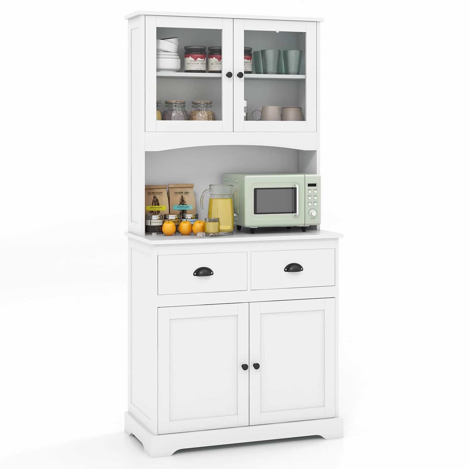 Giantex 67" Pantry Organizers, Freestanding Tall Buffet Cabinet with Hutch and 2 Drawers, Wooden Cupboard with Glass Doors kitchen towel, placemats